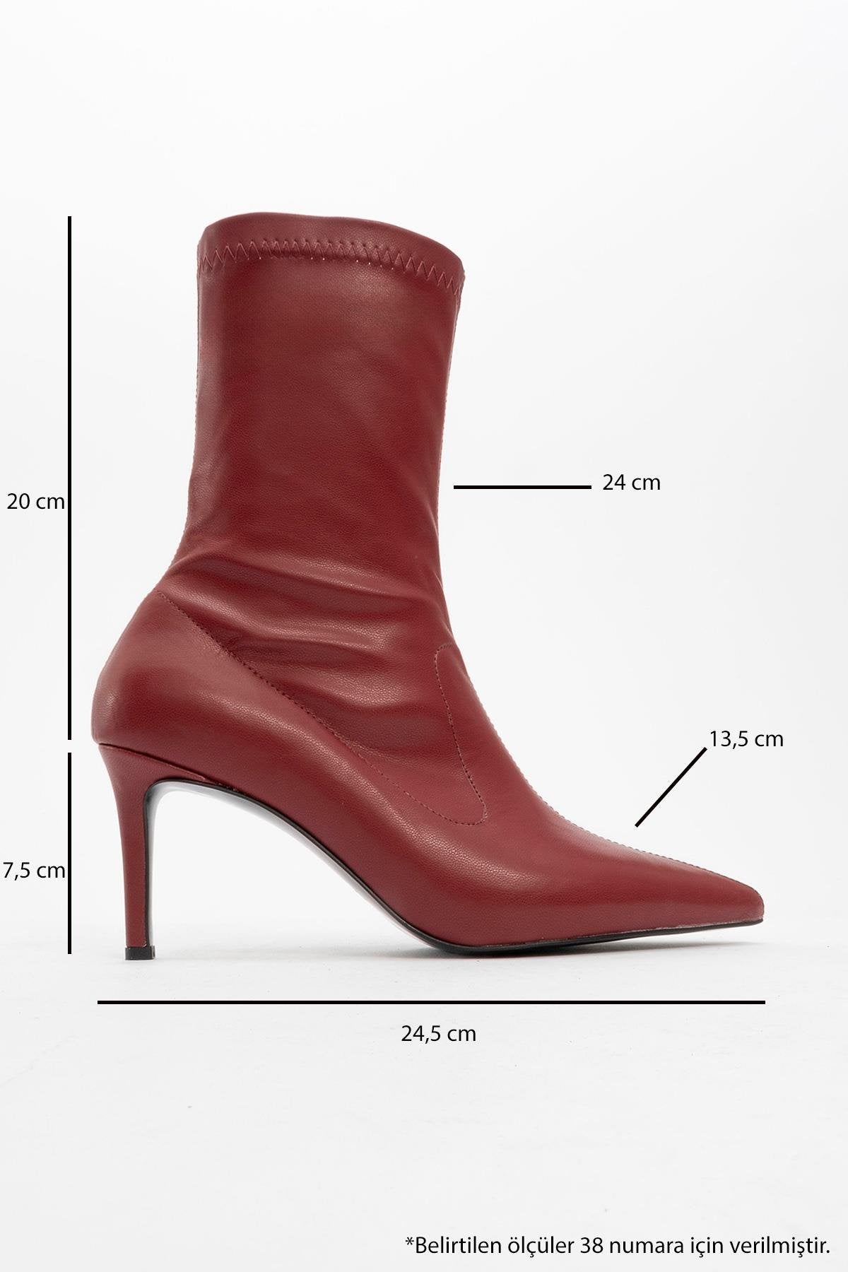 Thalin - Burgundy Pointed Toe Side-Zip Stiletto Heel Boot – heel view showing leather, SimmiUnique