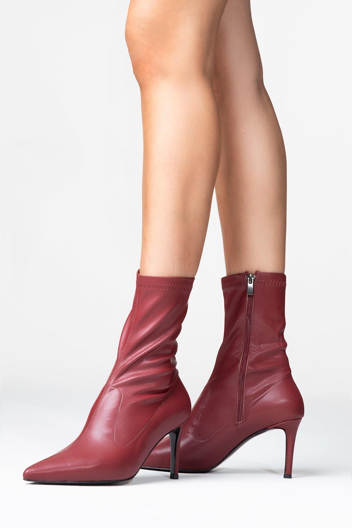 Thalin - Burgundy Pointed Toe Side-Zip Stiletto Heel Boot – back view showing leather, SimmiUnique