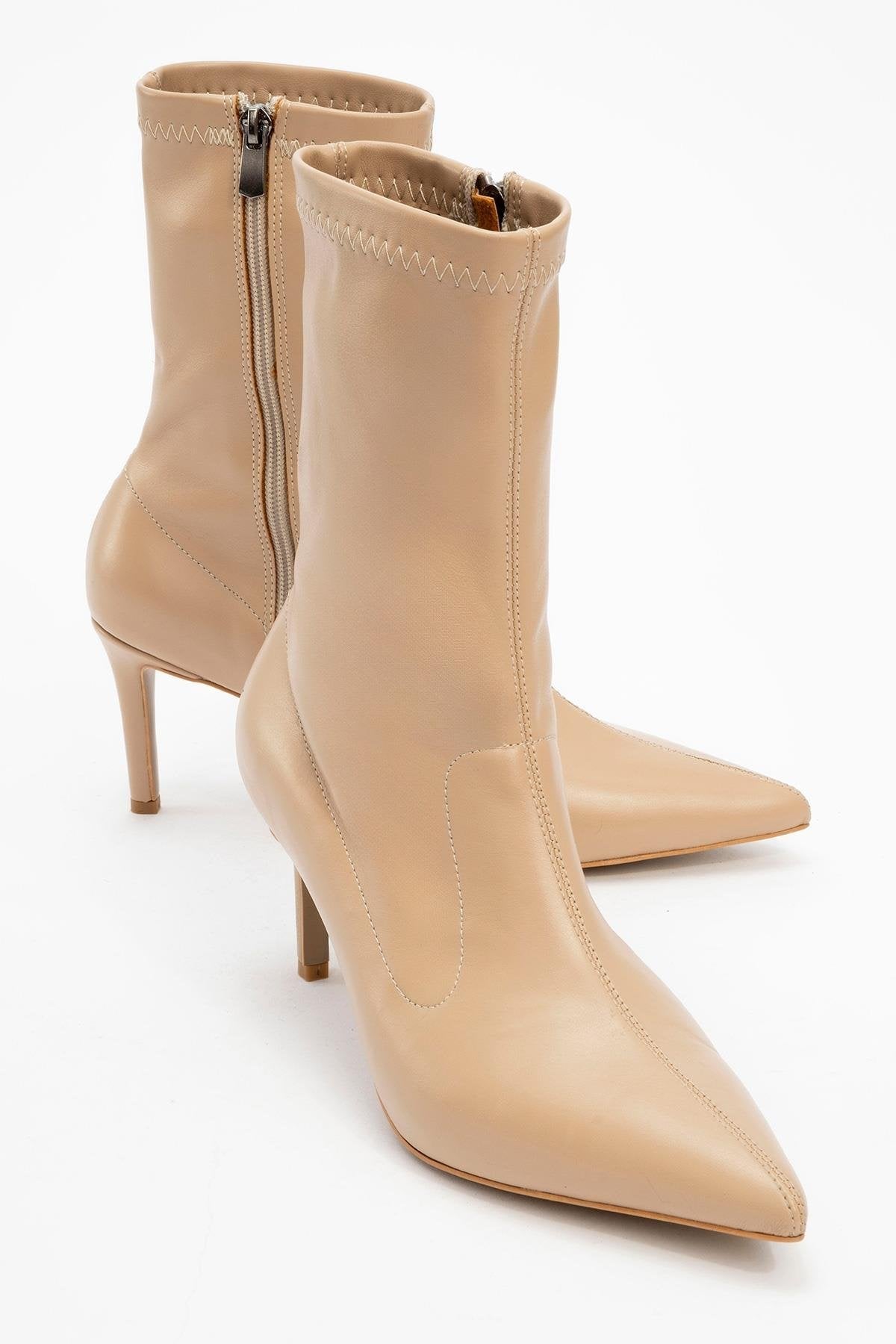 Thalin - Beige Pointed Toe Side-Zip Slim Heel Boot – front three-quarter view showing leather, SimmiUnique