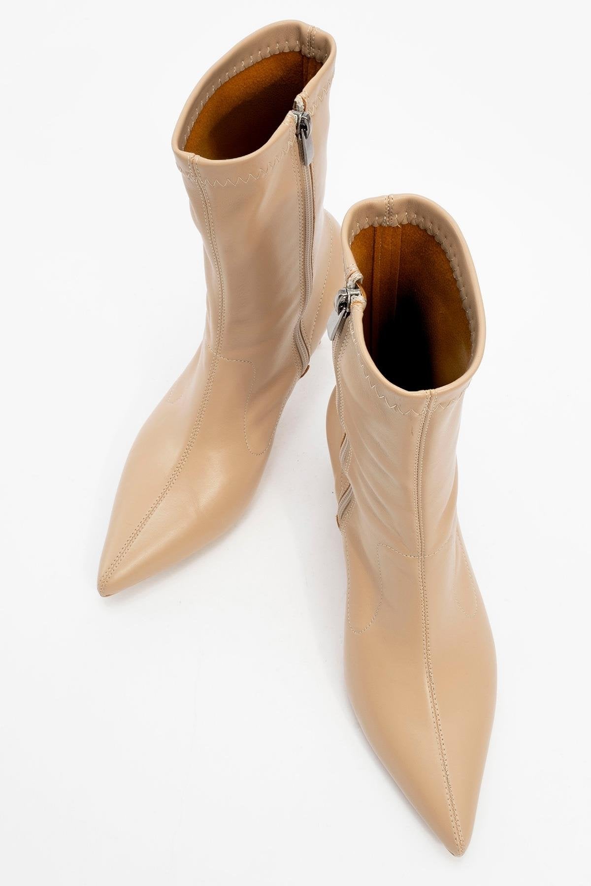 Thalin - Beige Pointed Toe Side-Zip Slim Heel Boot – side view showing leather, SimmiUnique