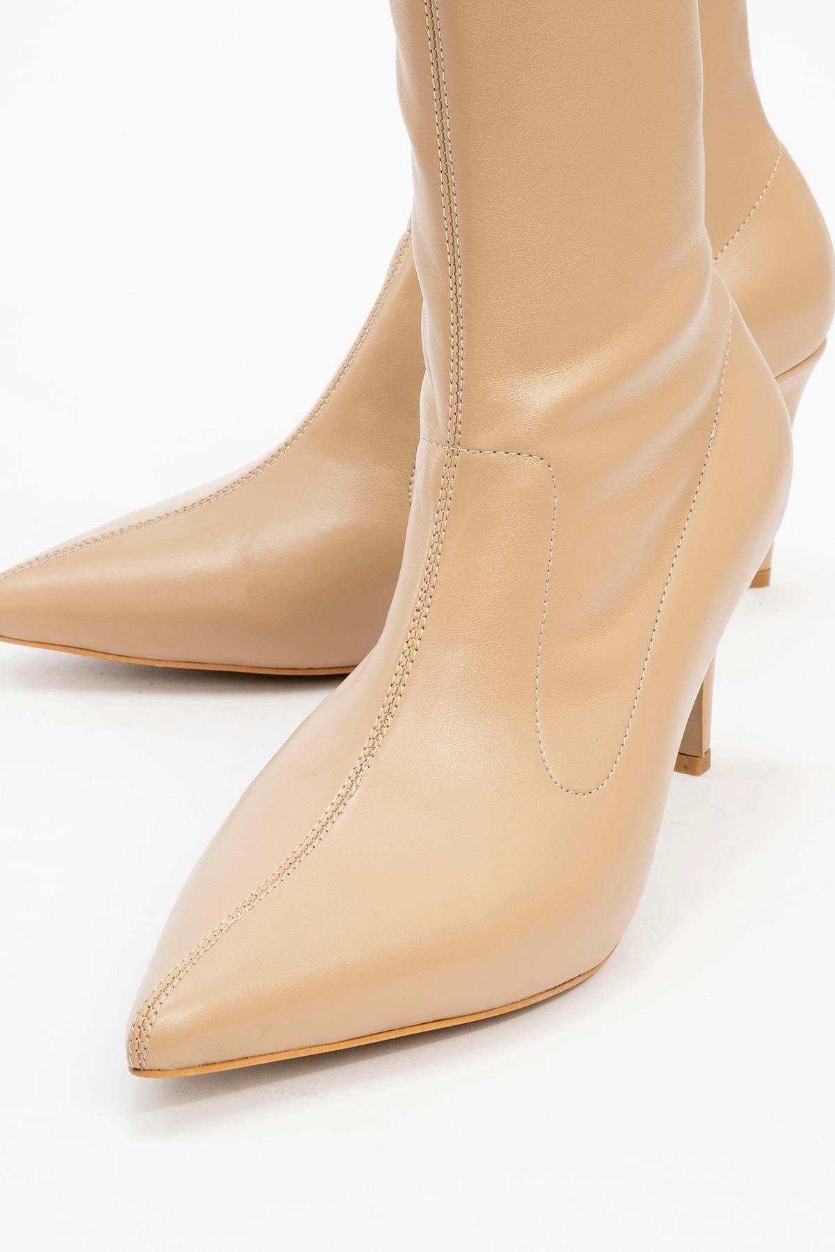 Thalin - Beige Pointed Toe Side-Zip Slim Heel Boot – detail view showing leather, SimmiUnique