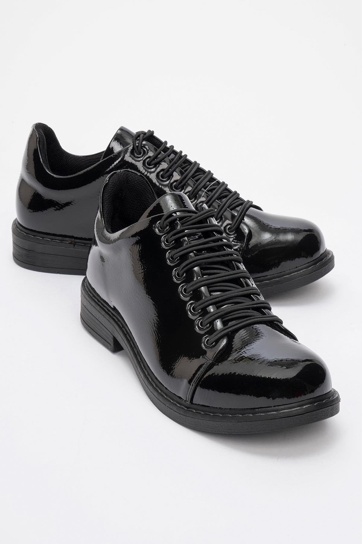 Festy - Black Patent Elastic Lace-Up Casual Shoe – front three-quarter view showing lace, leather, black, SimmiUnique