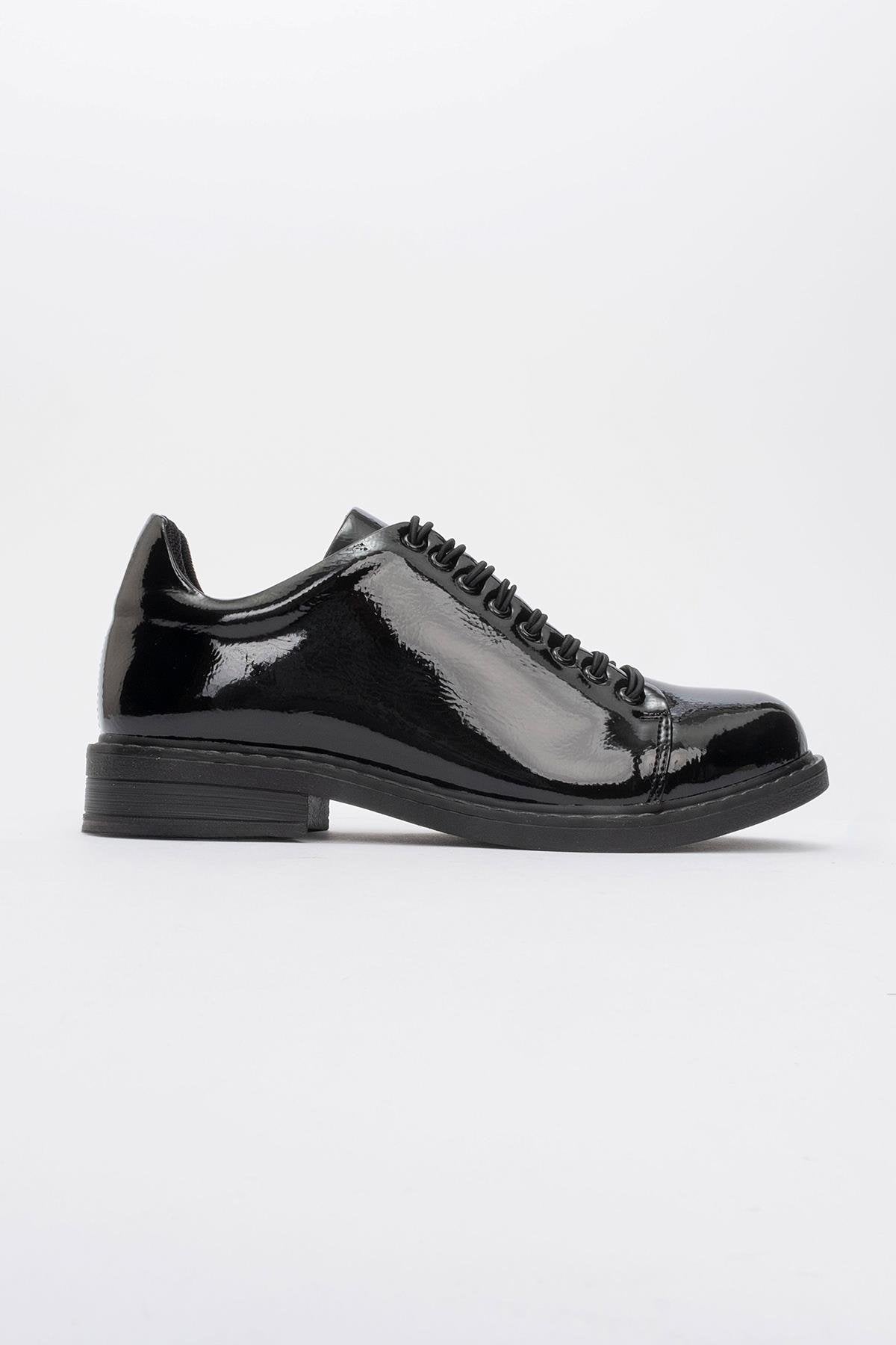 Festy - Black Patent Elastic Lace-Up Casual Shoe – heel view showing lace, leather, black, SimmiUnique