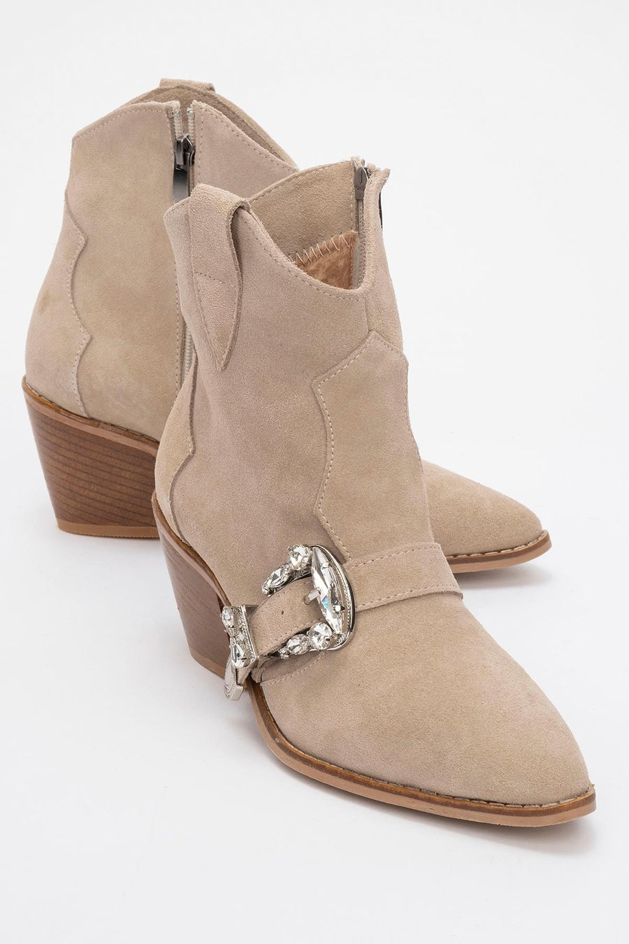 Any Beige Leather Jeweled Boot