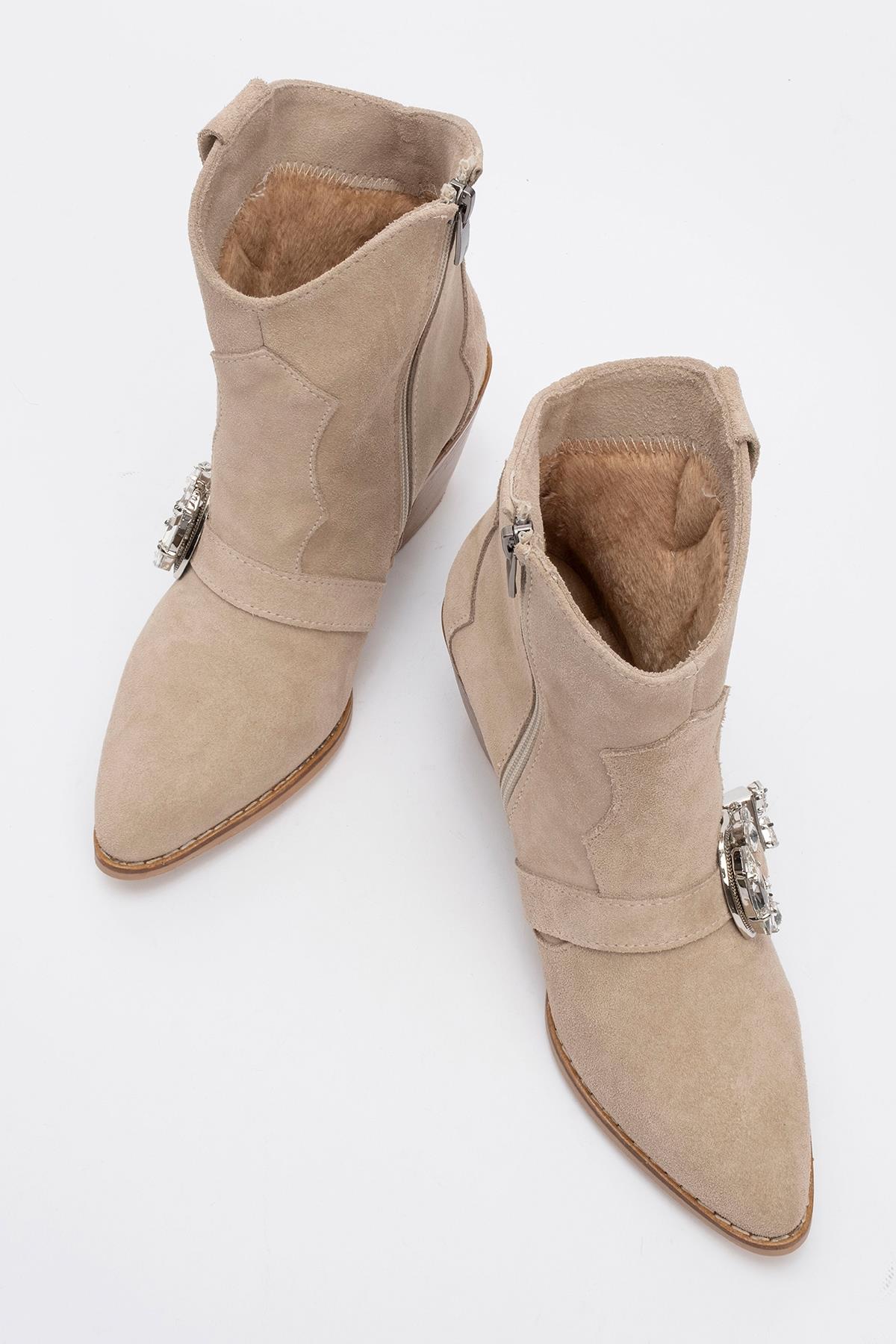 Any Beige Leather Jeweled Boot – side view showing leather, SimmiUnique