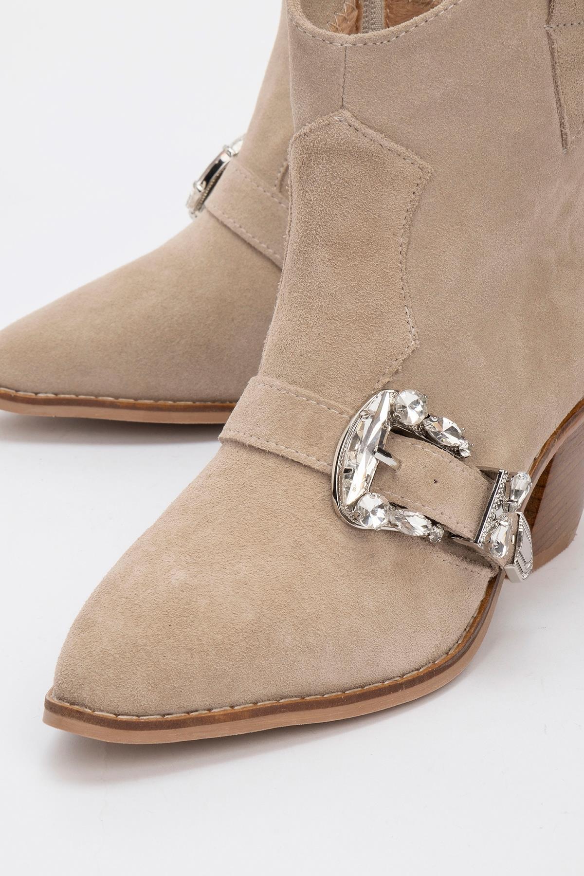 Any Beige Leather Jeweled Boot – detail view showing leather, SimmiUnique