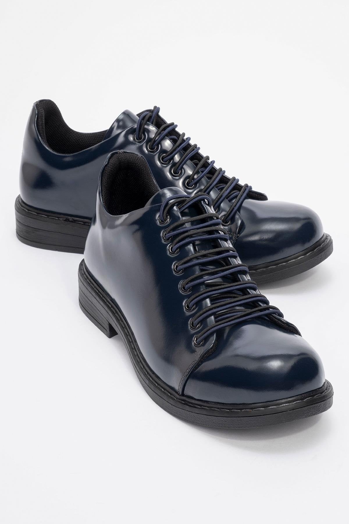 Festy - Navy Patent Elastic Lace-Up Casual Shoe – front three-quarter view showing lace, leather, SimmiUnique