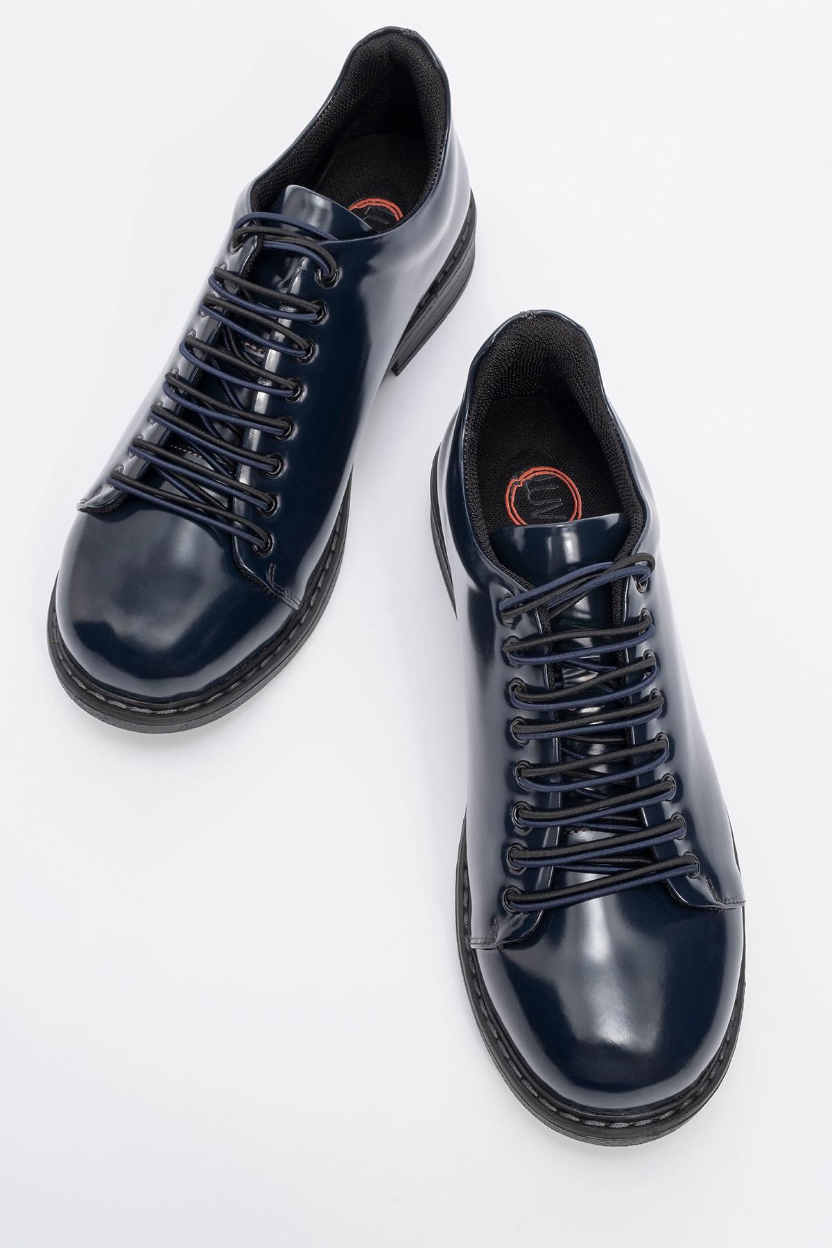 Festy - Navy Patent Elastic Lace-Up Casual Shoe – side view showing lace, leather, SimmiUnique
