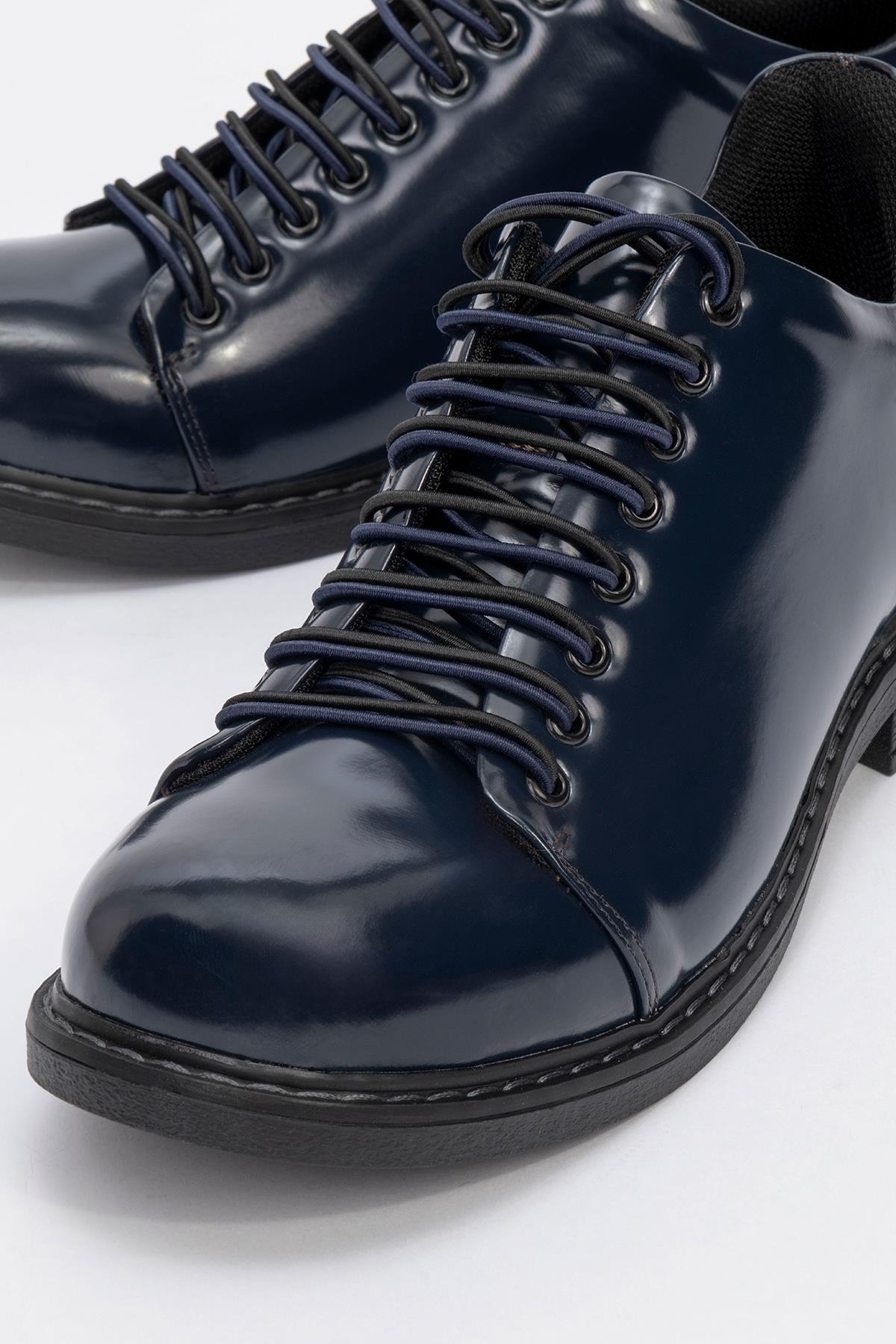 Festy - Navy Patent Elastic Lace-Up Casual Shoe – detail view showing lace, leather, SimmiUnique