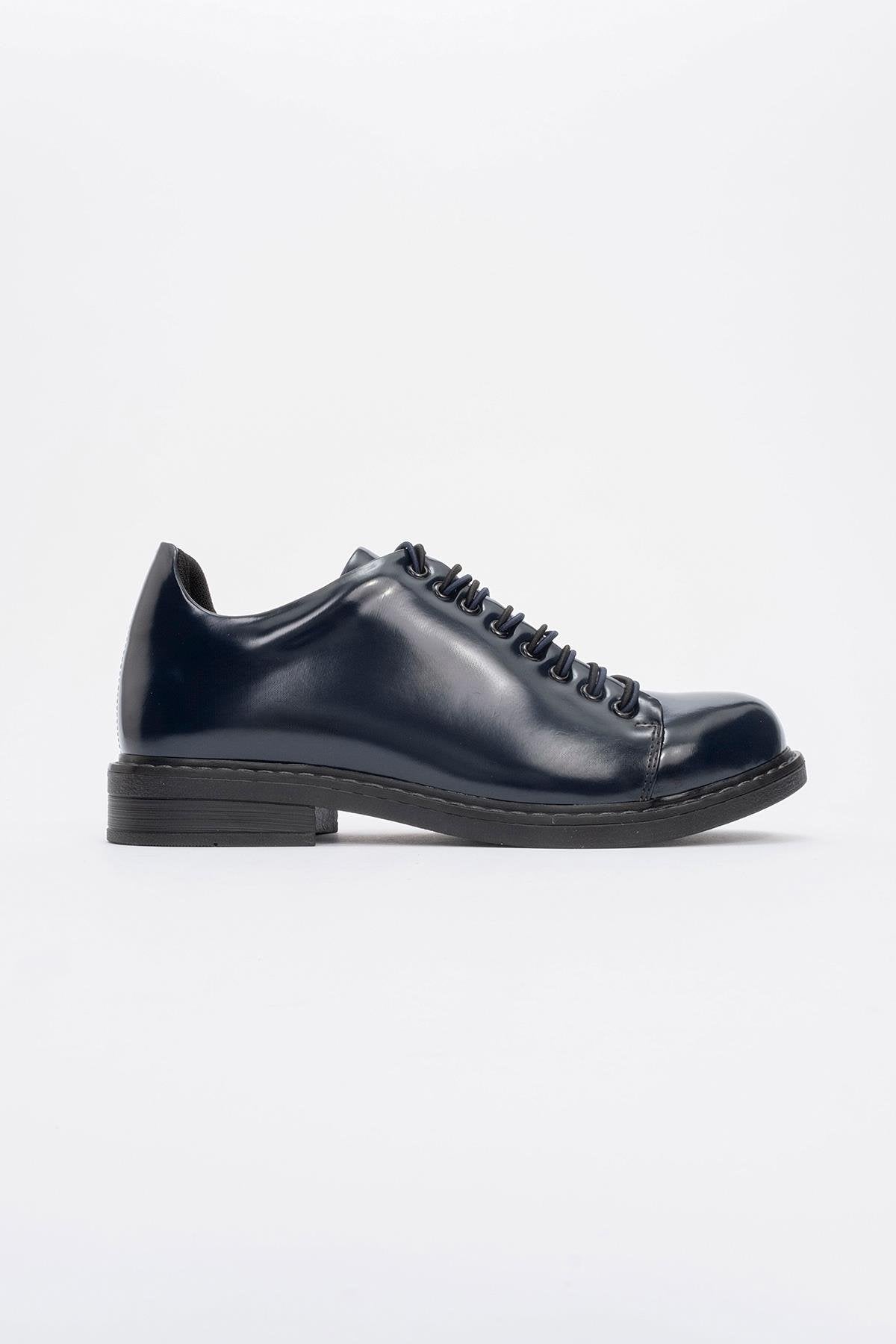 Festy - Navy Patent Elastic Lace-Up Casual Shoe – heel view showing lace, leather, SimmiUnique