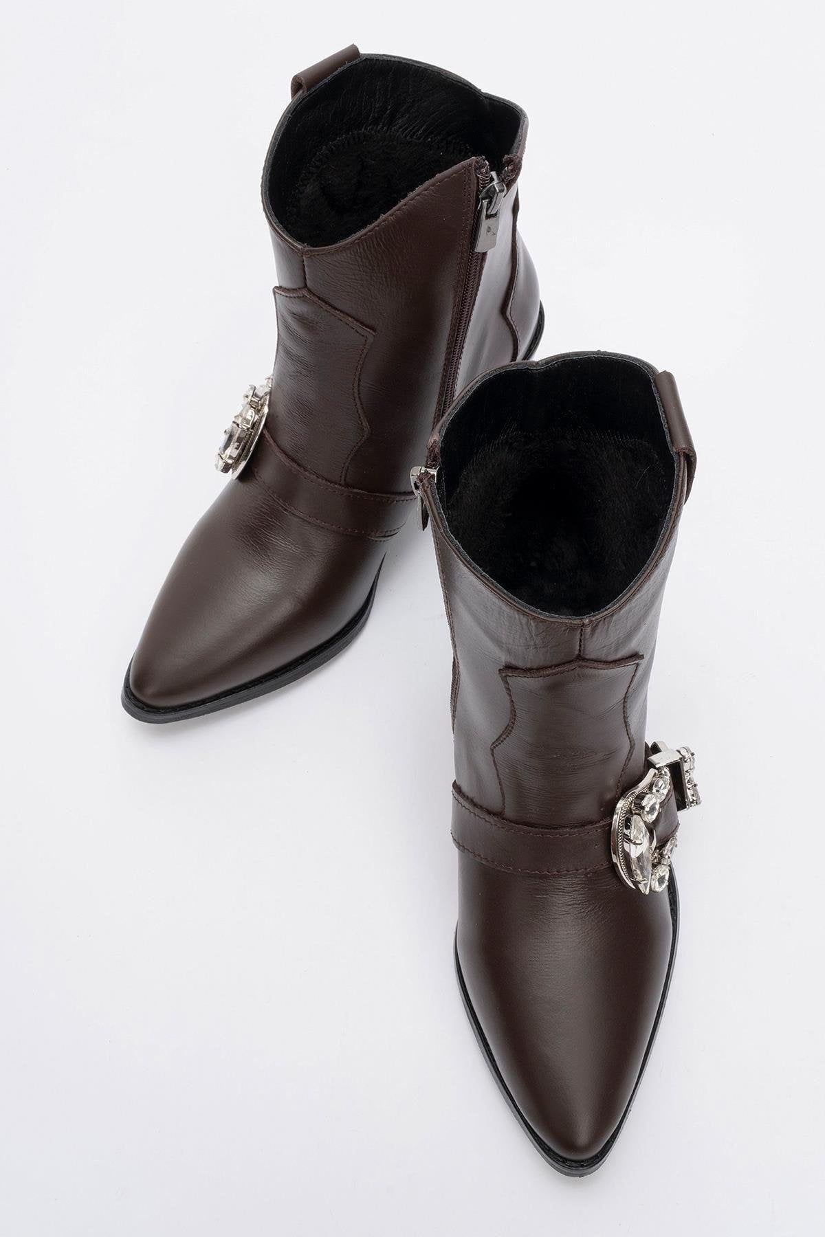 Any Brown Leather Jeweled Boot – side view showing leather, SimmiUnique