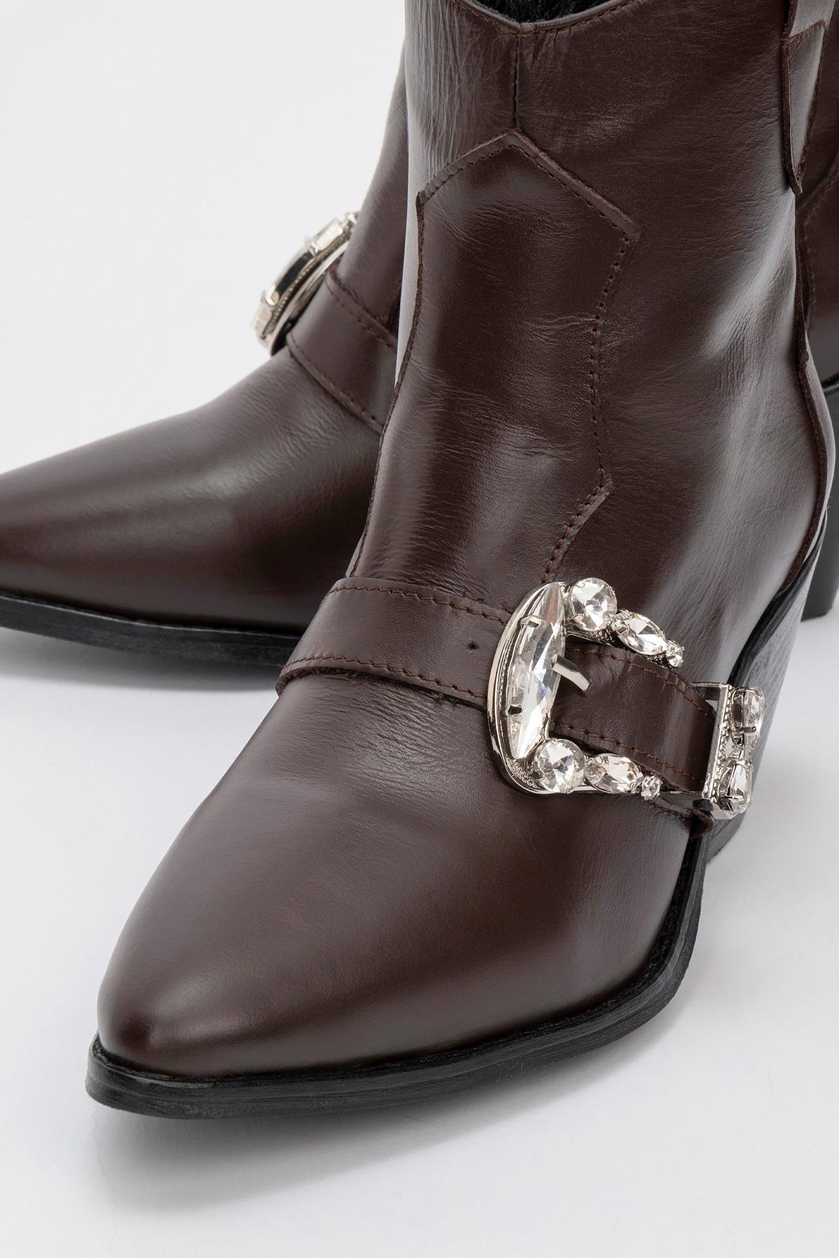 Any Brown Leather Jeweled Boot – detail view showing leather, SimmiUnique