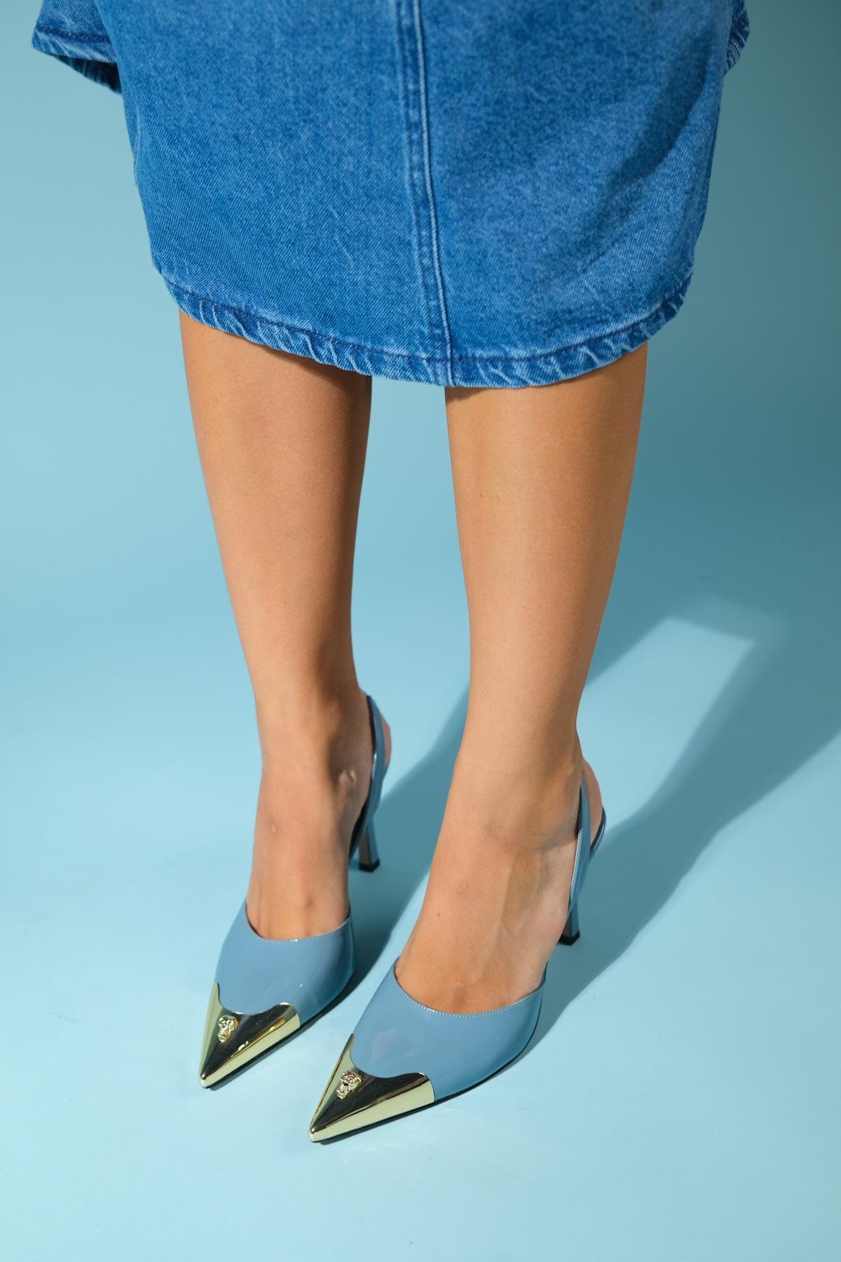 Jubez - Blue Patent Slim Heel Pump – detail view showing leather, blue, SimmiUnique