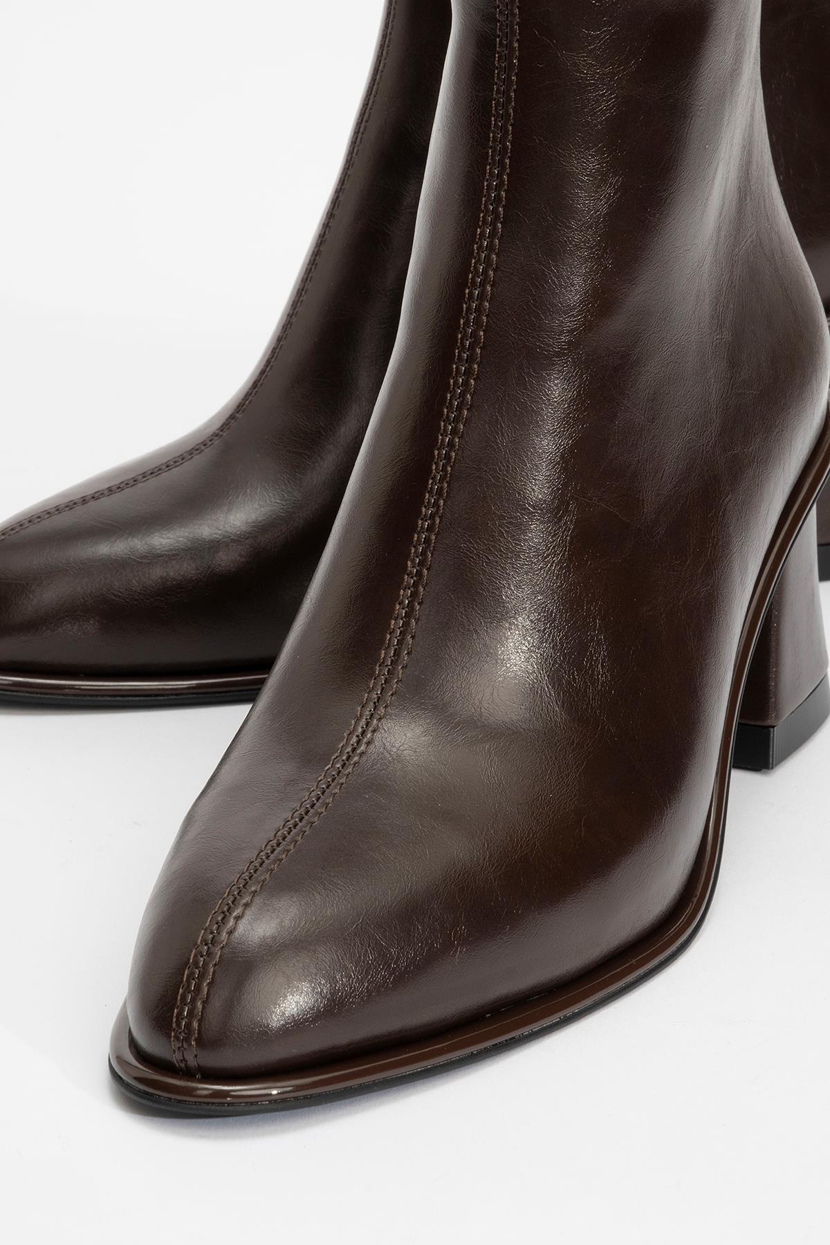 Alba - Brown Block Heel Ankle Boot – detail view showing leather, SimmiUnique