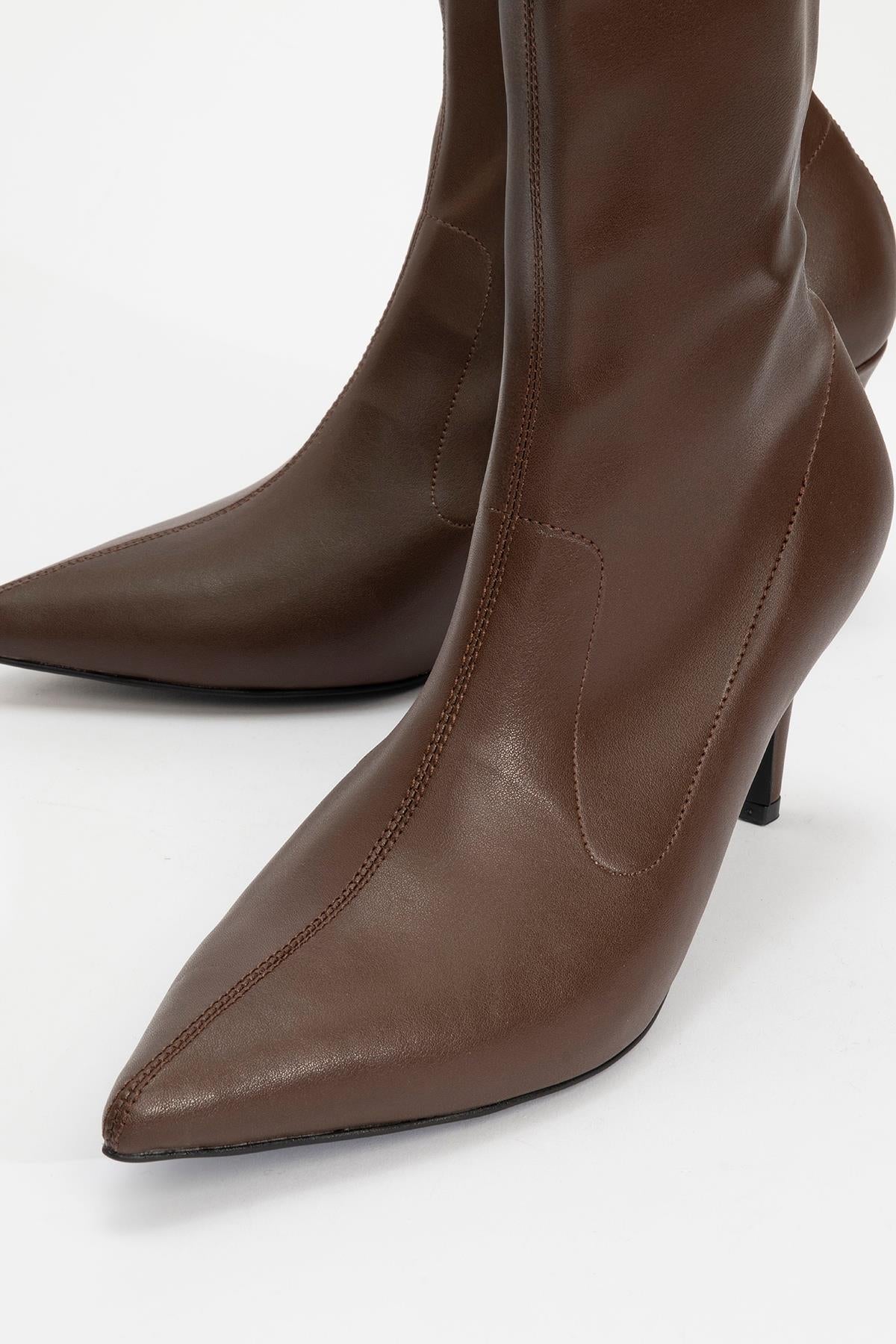 Thalin - Brown Pointed Toe Side Zip Slim Heel Boot – detail view showing leather, SimmiUnique