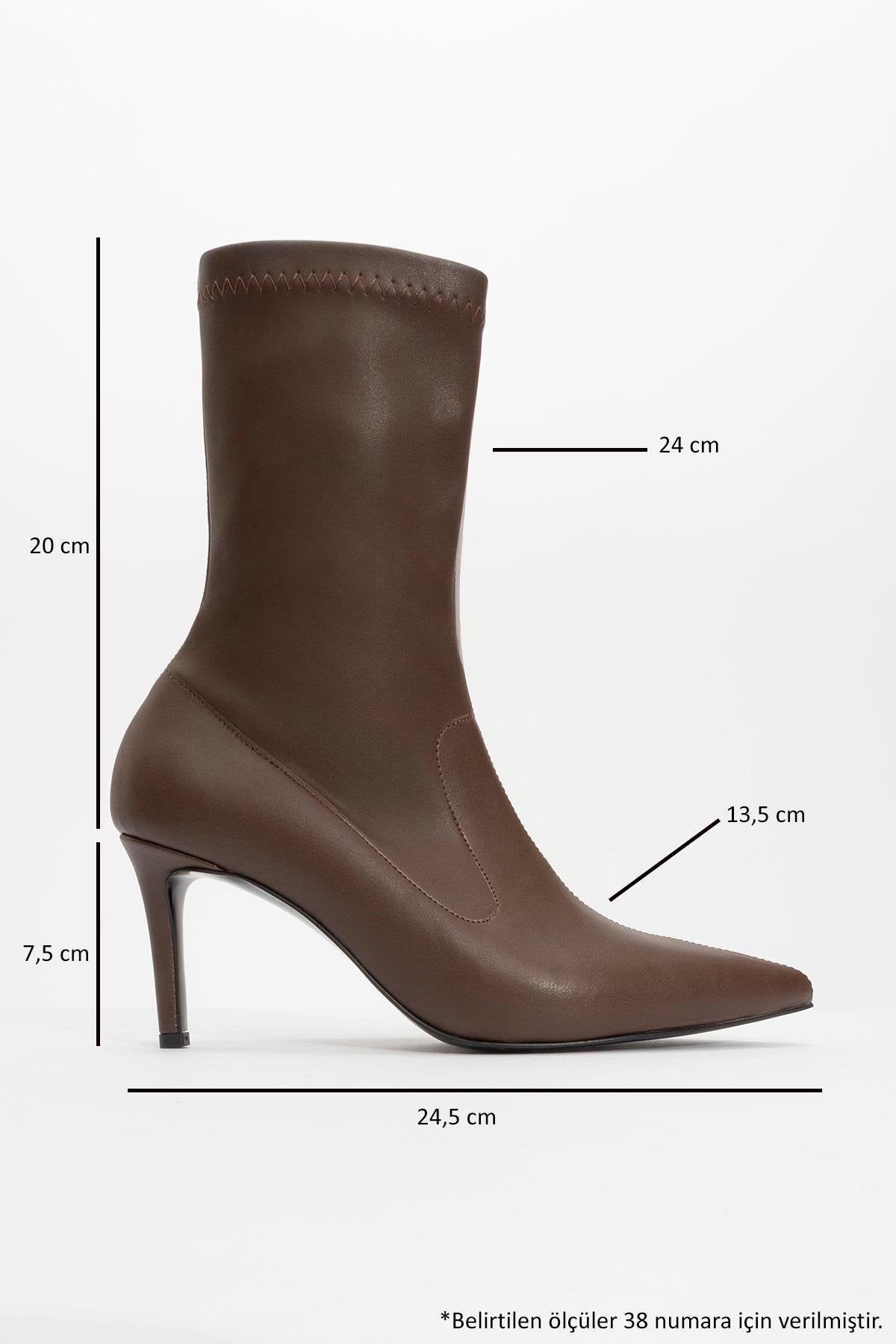Thalin - Brown Pointed Toe Side Zip Slim Heel Boot – heel view showing leather, SimmiUnique