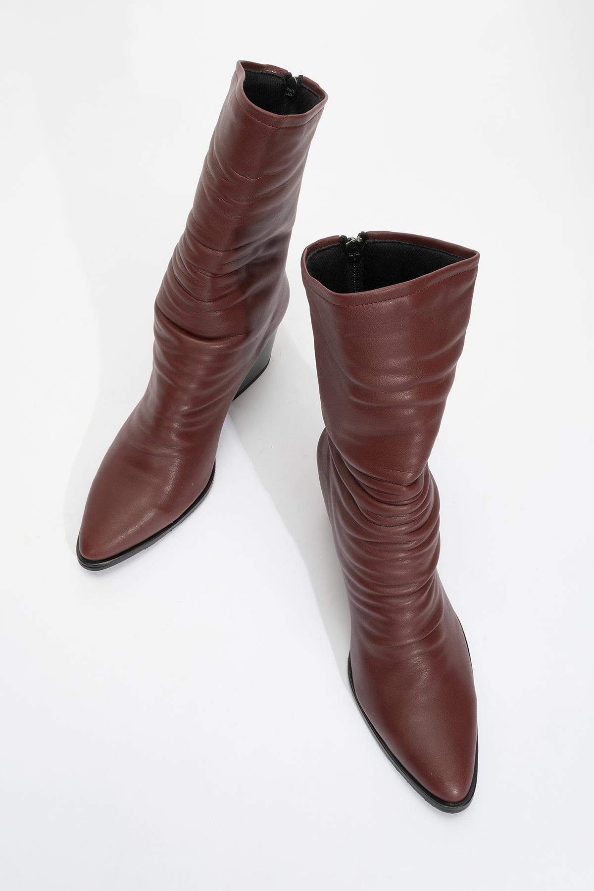 Laval - Burgundy Back-Zip Block Heel Boot – detail view showing leather, SimmiUnique