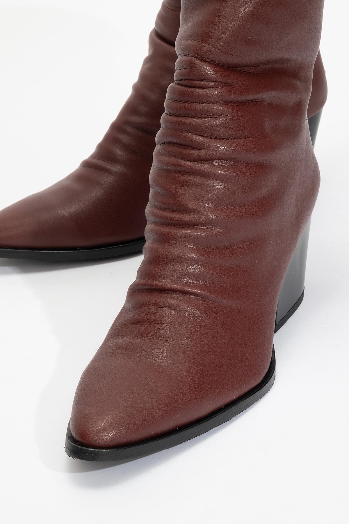 Laval - Burgundy Back-Zip Block Heel Boot – heel view showing leather, SimmiUnique