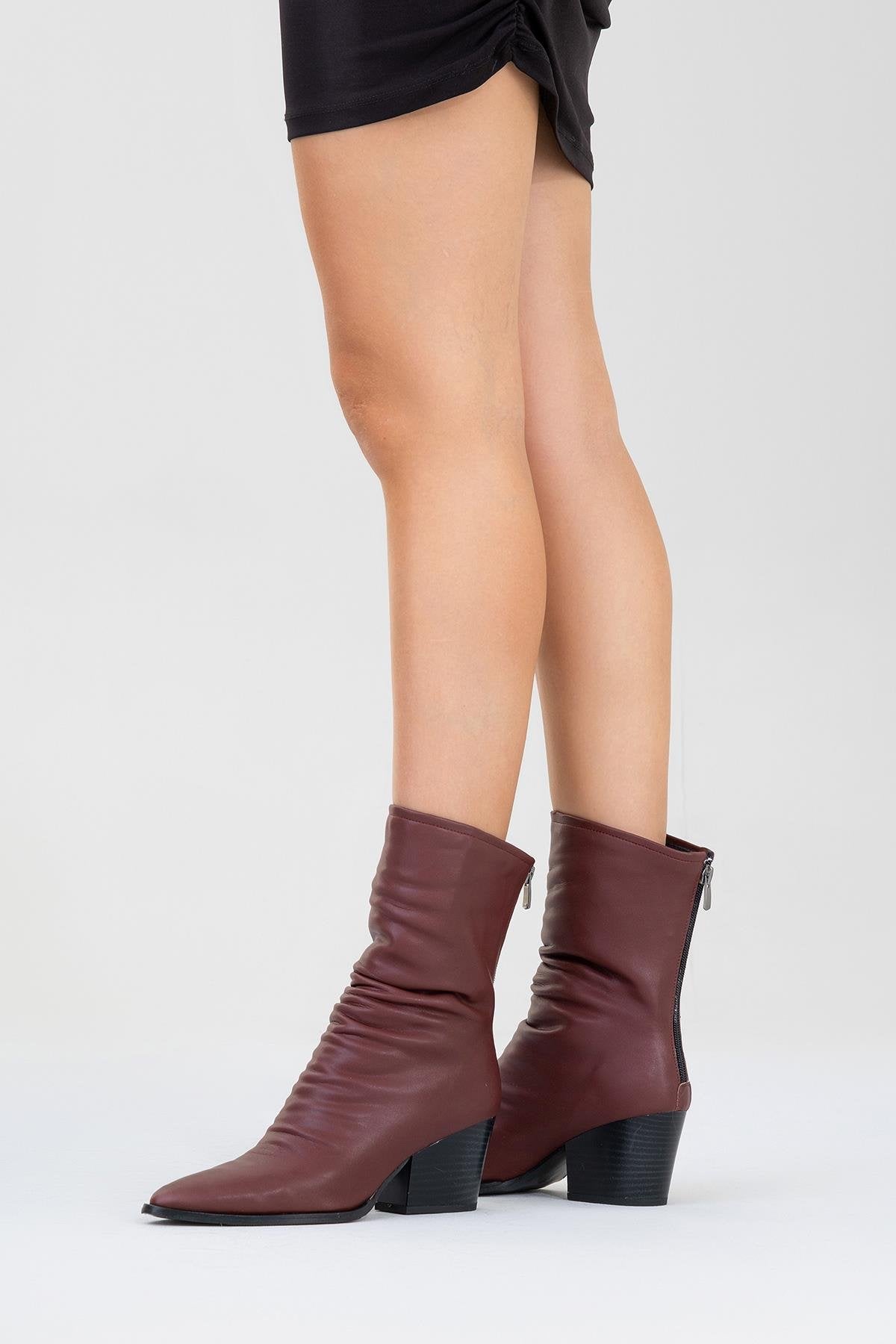 Laval - Burgundy Back-Zip Block Heel Boot – sole view showing leather, SimmiUnique