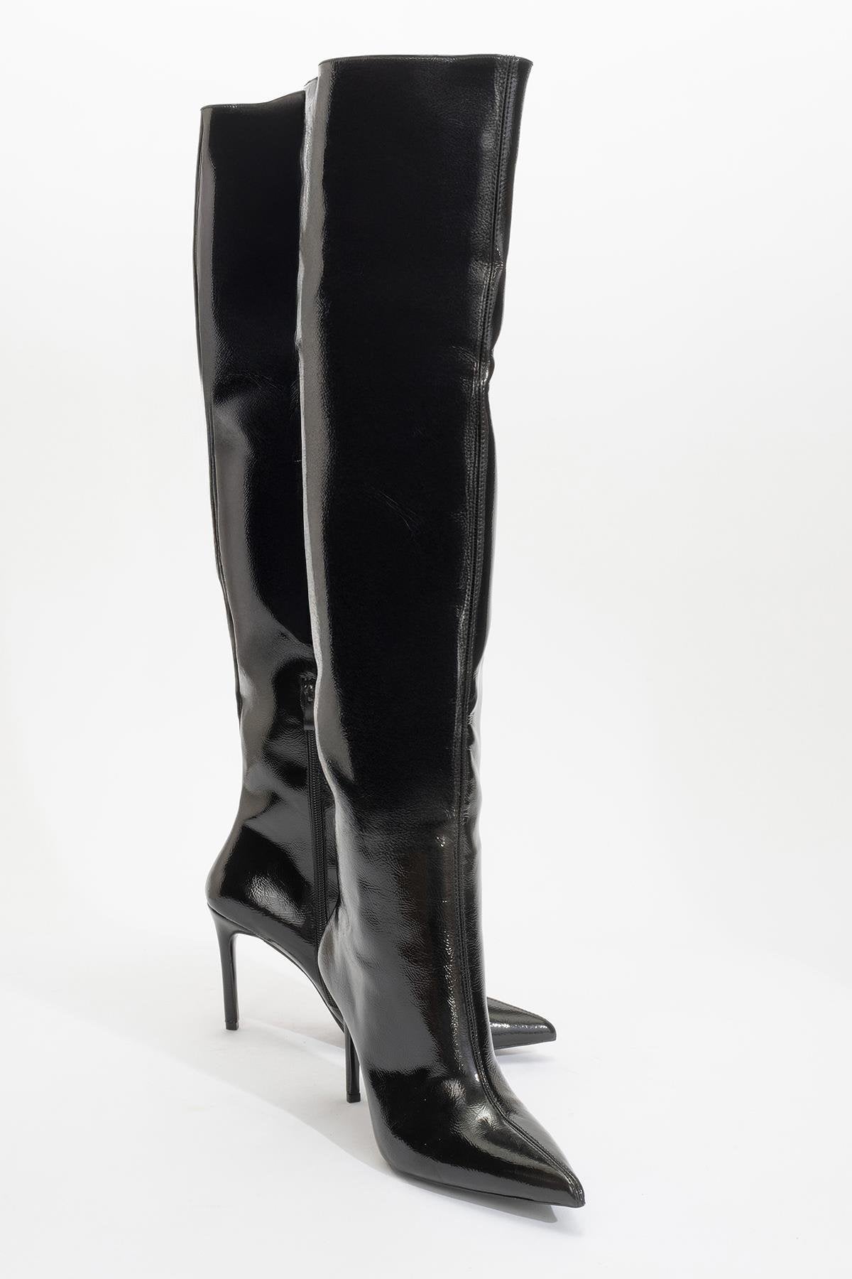 Cleja - Black Patent Slim Heel Over-The-Knee Boot – front three-quarter view showing leather, black, SimmiUnique