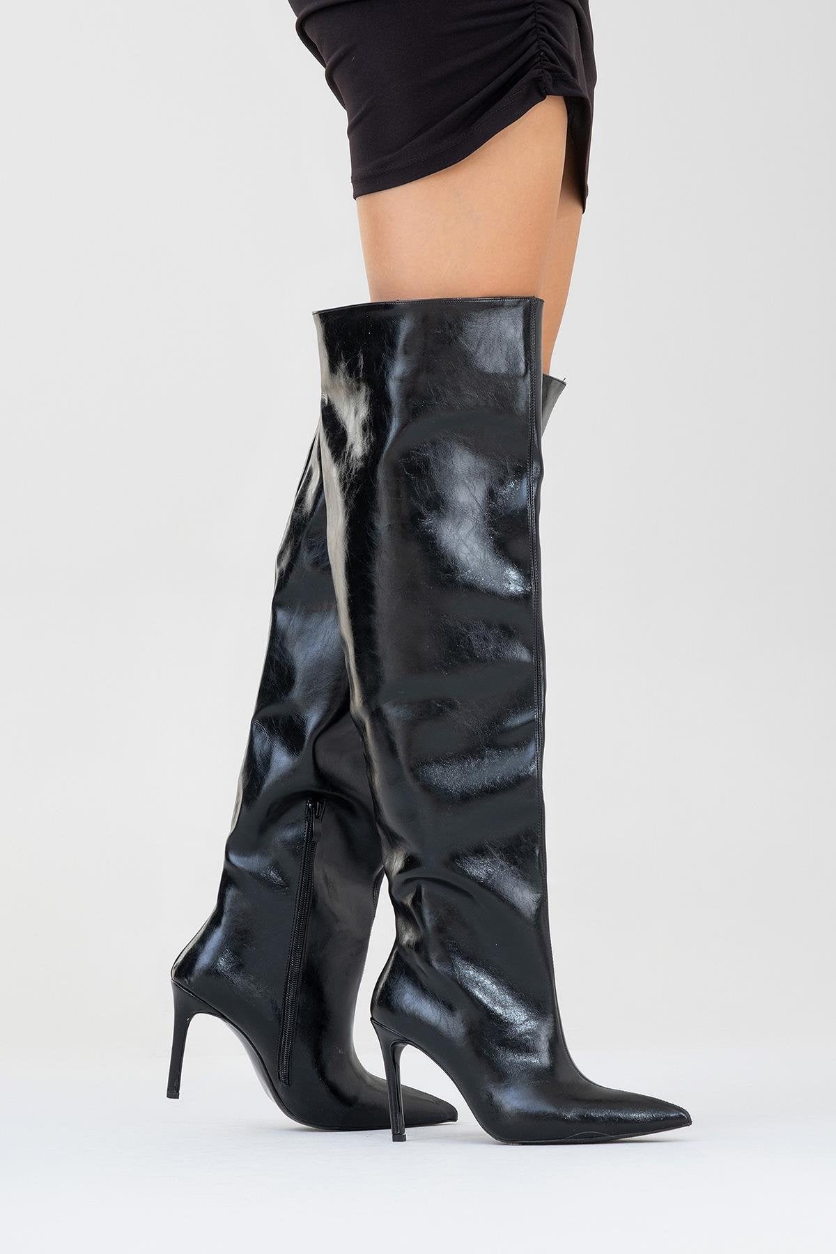 Cleja - Black Slim Heel Over-The-Knee Boot – side view showing leather, black, SimmiUnique