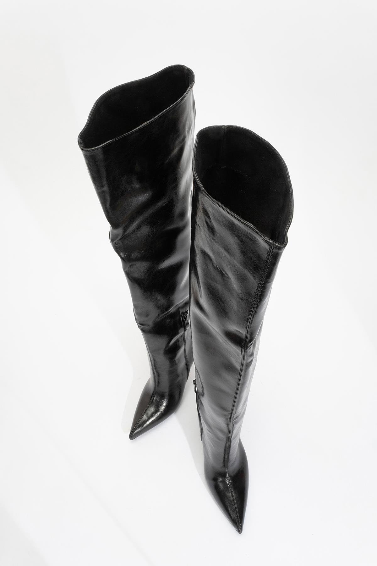 Cleja - Black Slim Heel Over-The-Knee Boot – detail view showing leather, black, SimmiUnique