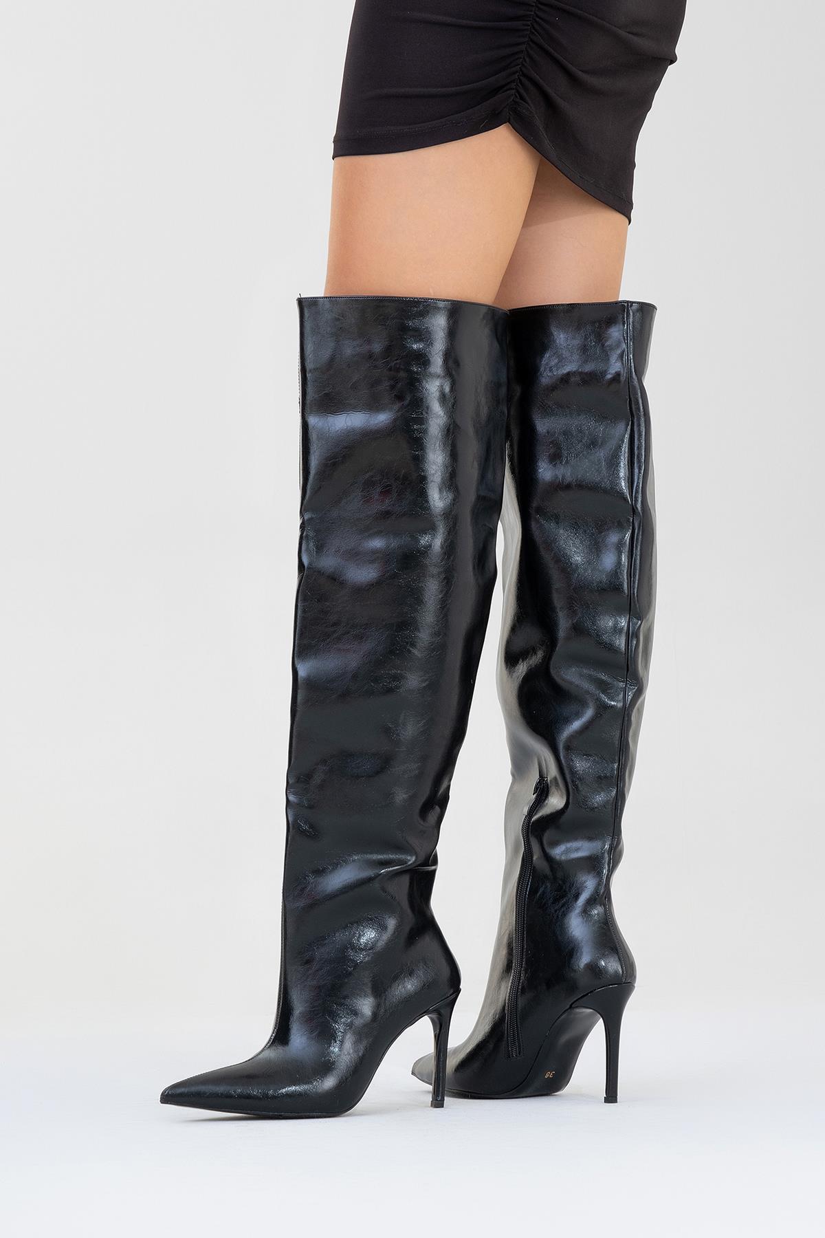 Cleja - Black Slim Heel Over-The-Knee Boot – pair view showing leather, black, SimmiUnique