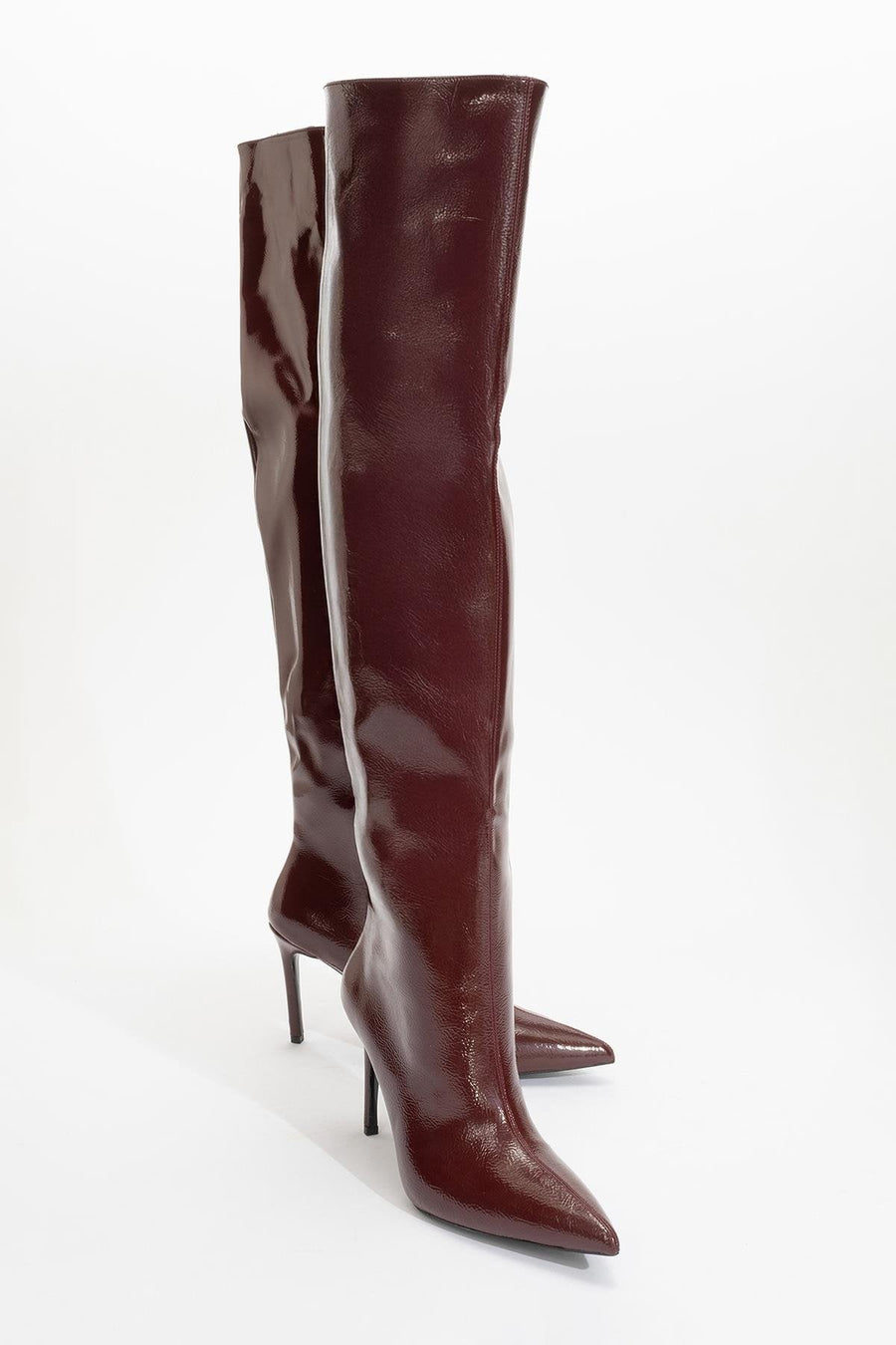 Cleja - Burgundy Patent Stiletto Heel Over-The-Knee Boot