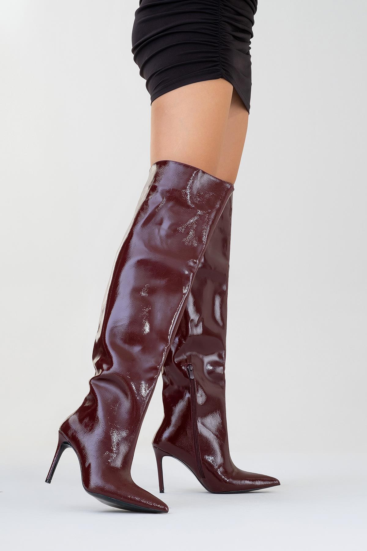 Cleja - Burgundy Patent Stiletto Heel Over-The-Knee Boot – side view showing leather, SimmiUnique