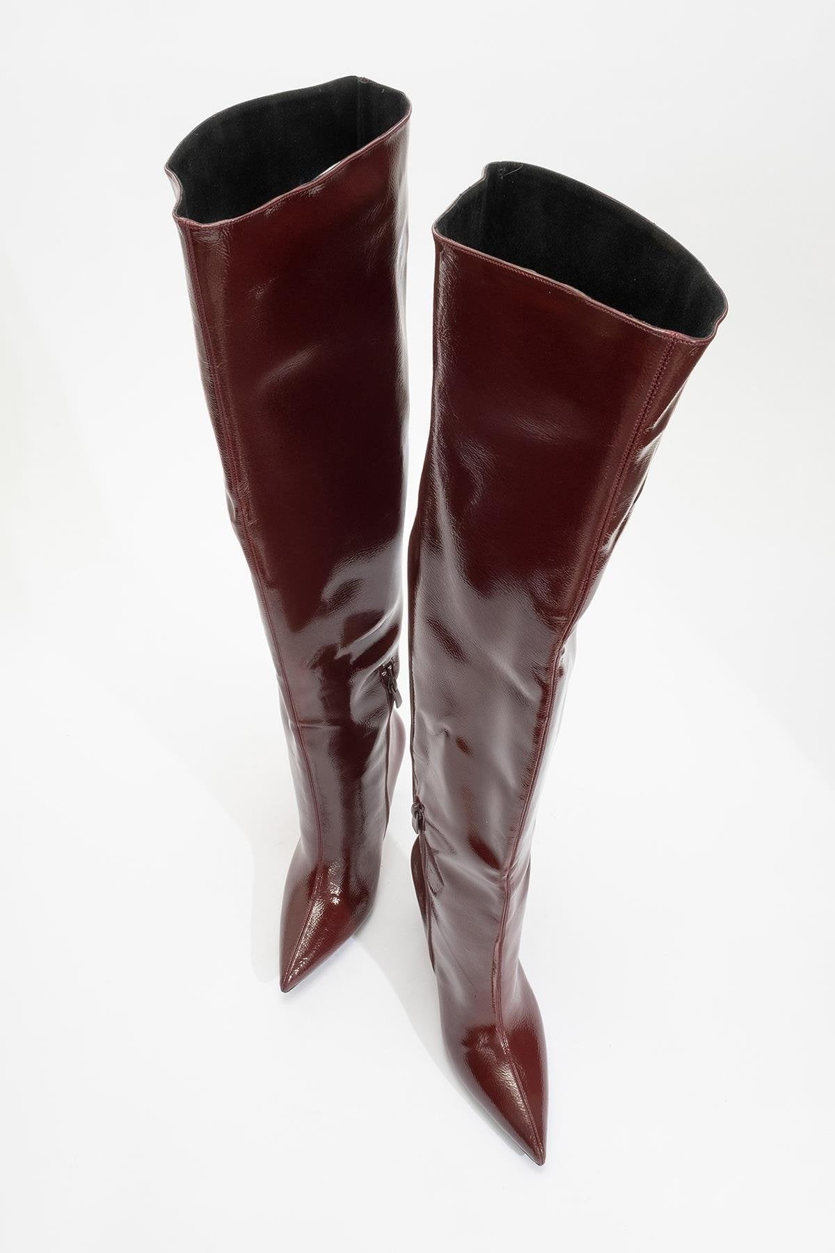 Cleja - Burgundy Patent Stiletto Heel Over-The-Knee Boot – detail view showing leather, SimmiUnique