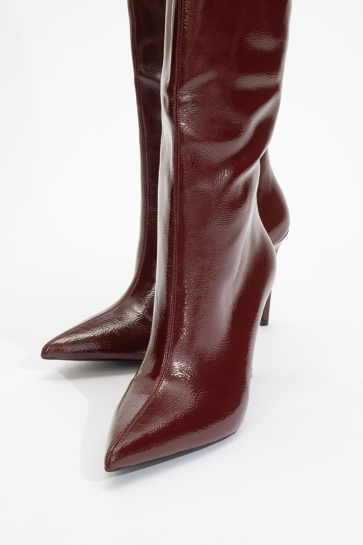 Cleja - Burgundy Patent Stiletto Heel Over-The-Knee Boot – heel view showing leather, SimmiUnique