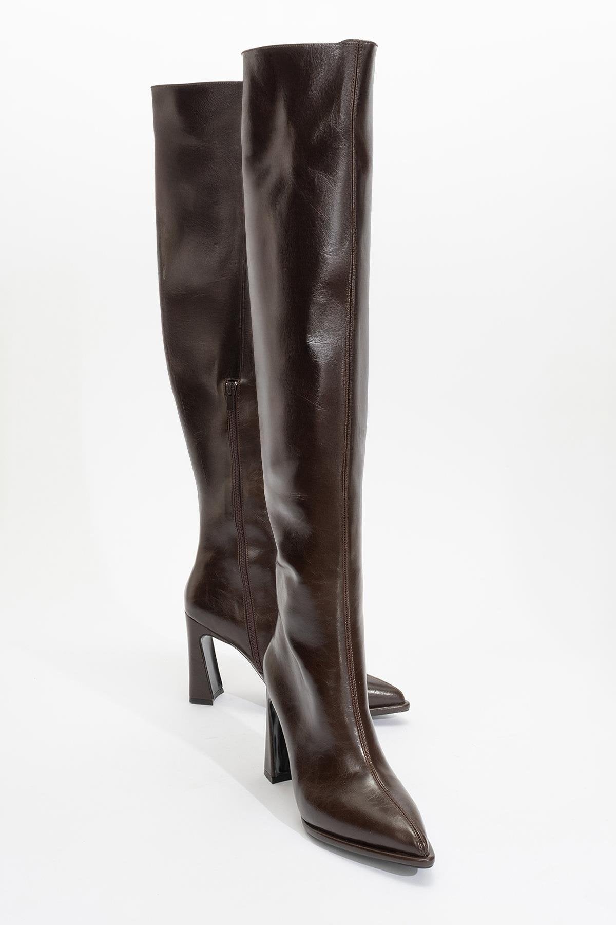Lepa - Brown Chunky Heel Over-The-Knee Boot – front three-quarter view showing leather, SimmiUnique