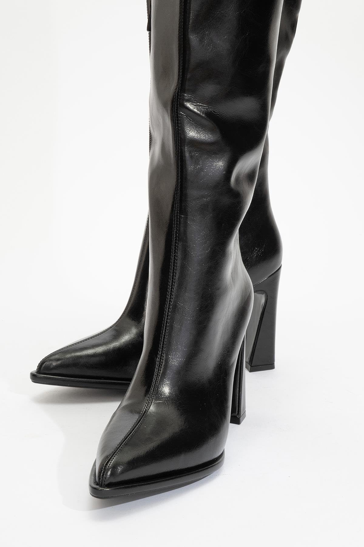 Lepa - Black Chunky Heel Over-The-Knee Boot – detail view showing leather, black, SimmiUnique