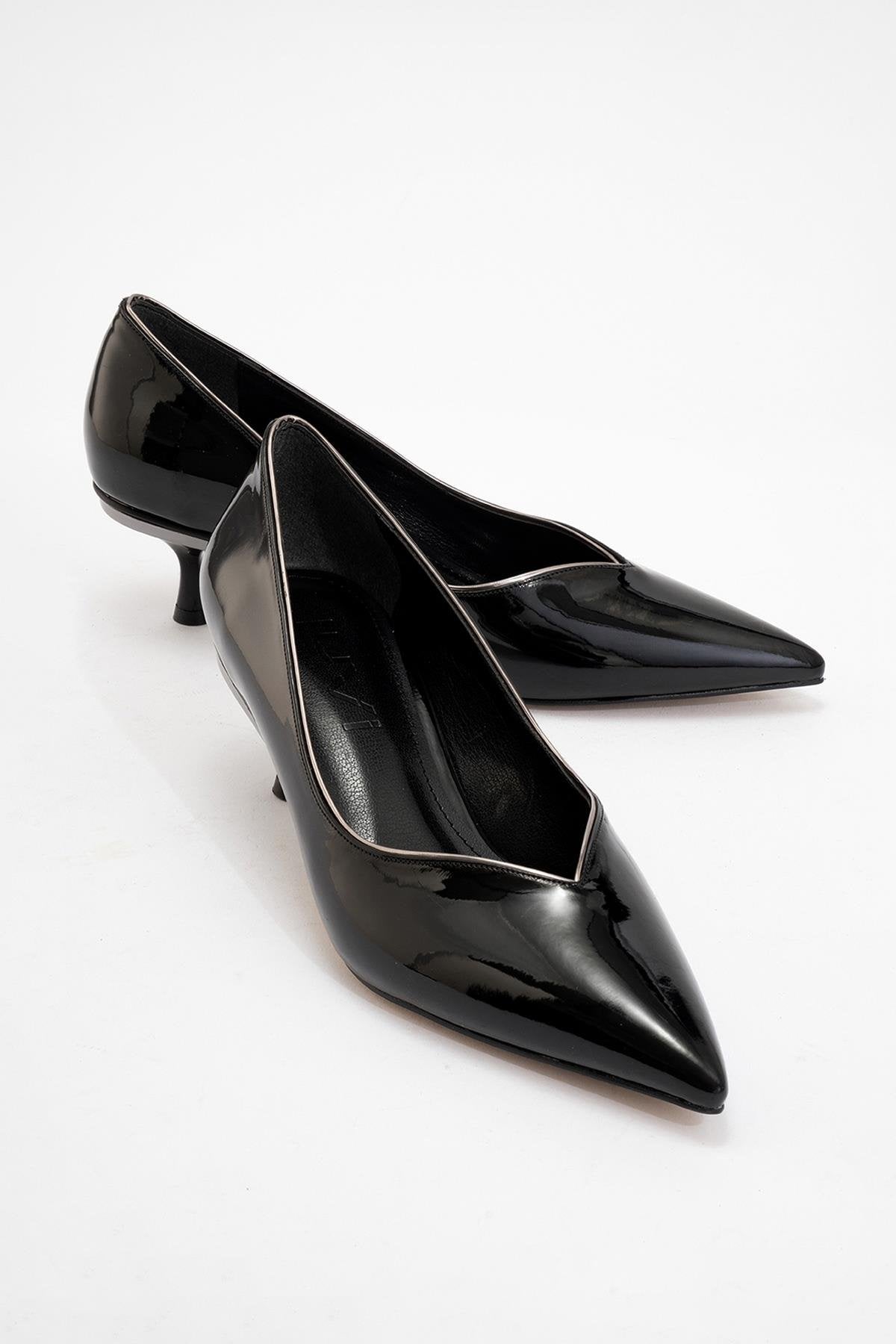 Eupho - Black Patent Platinum Low-Heel Shoe – front three-quarter view showing leather, metallic, black, SimmiUnique