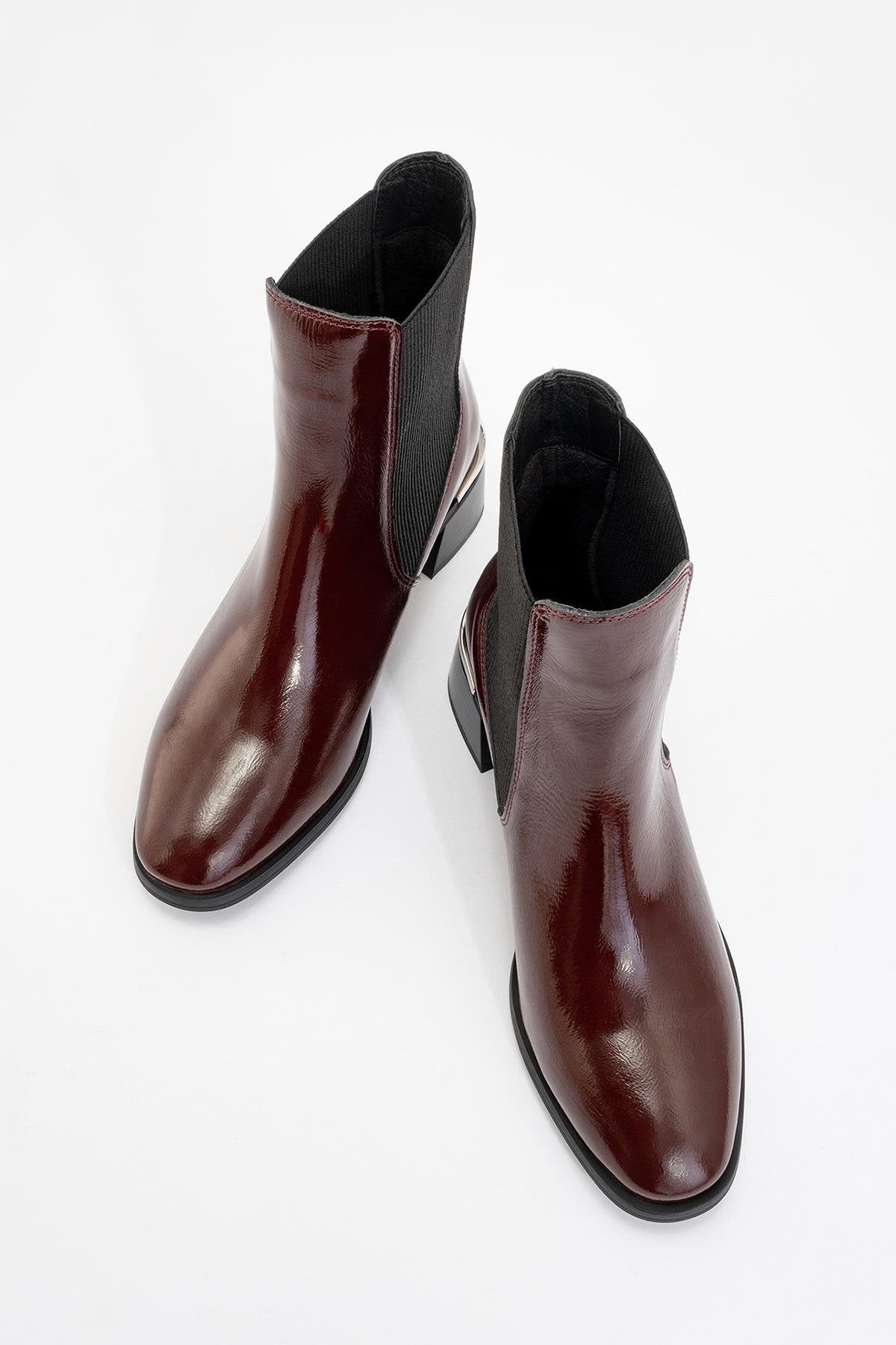 Neiva Burgundy Patent Leather Chelsea Boot – side view showing leather, red, SimmiUnique