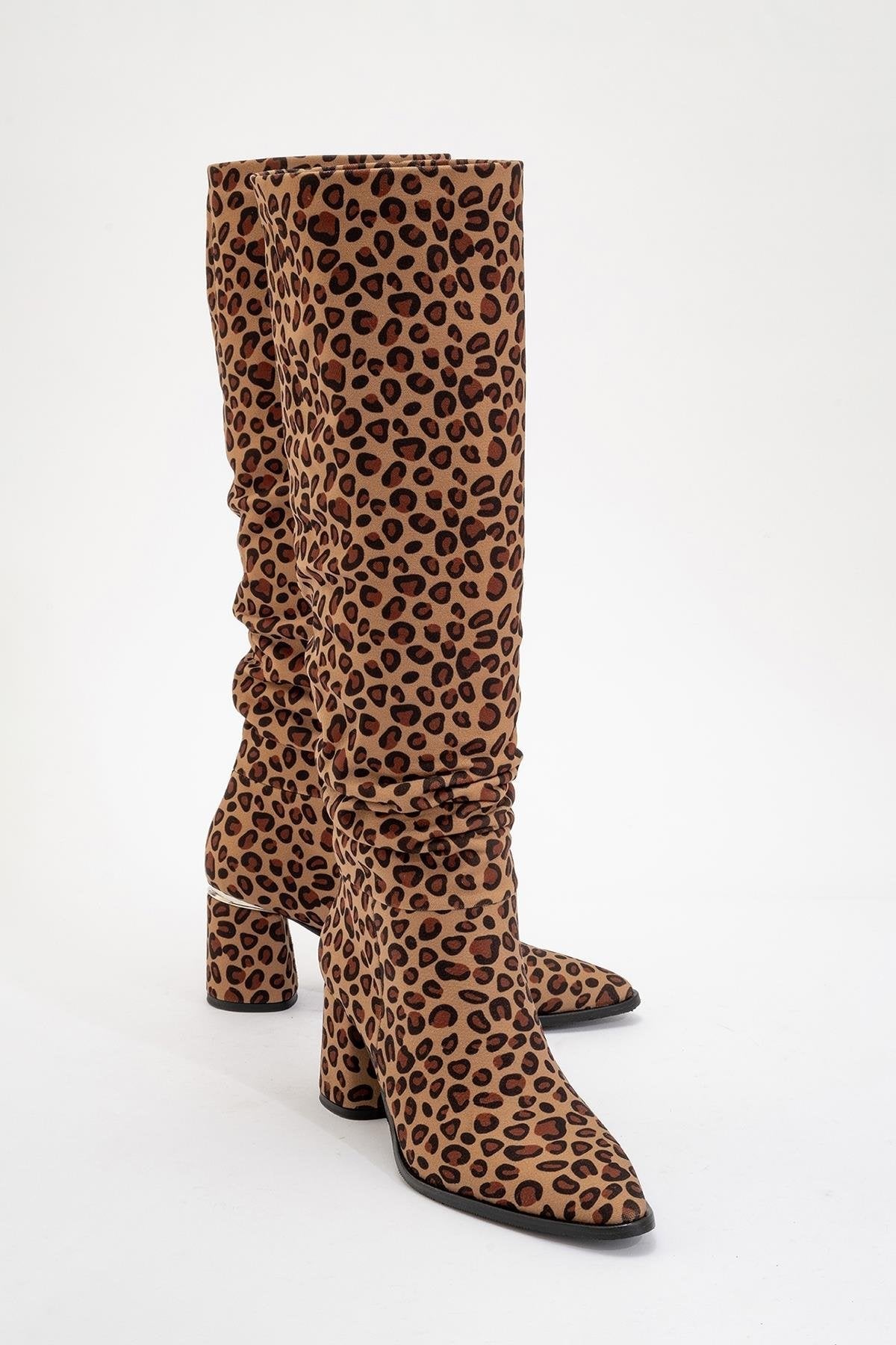 120 - Black Yellow Patterned Gusseted Knee-High Boot – front three-quarter view showing leather, black, SimmiUnique