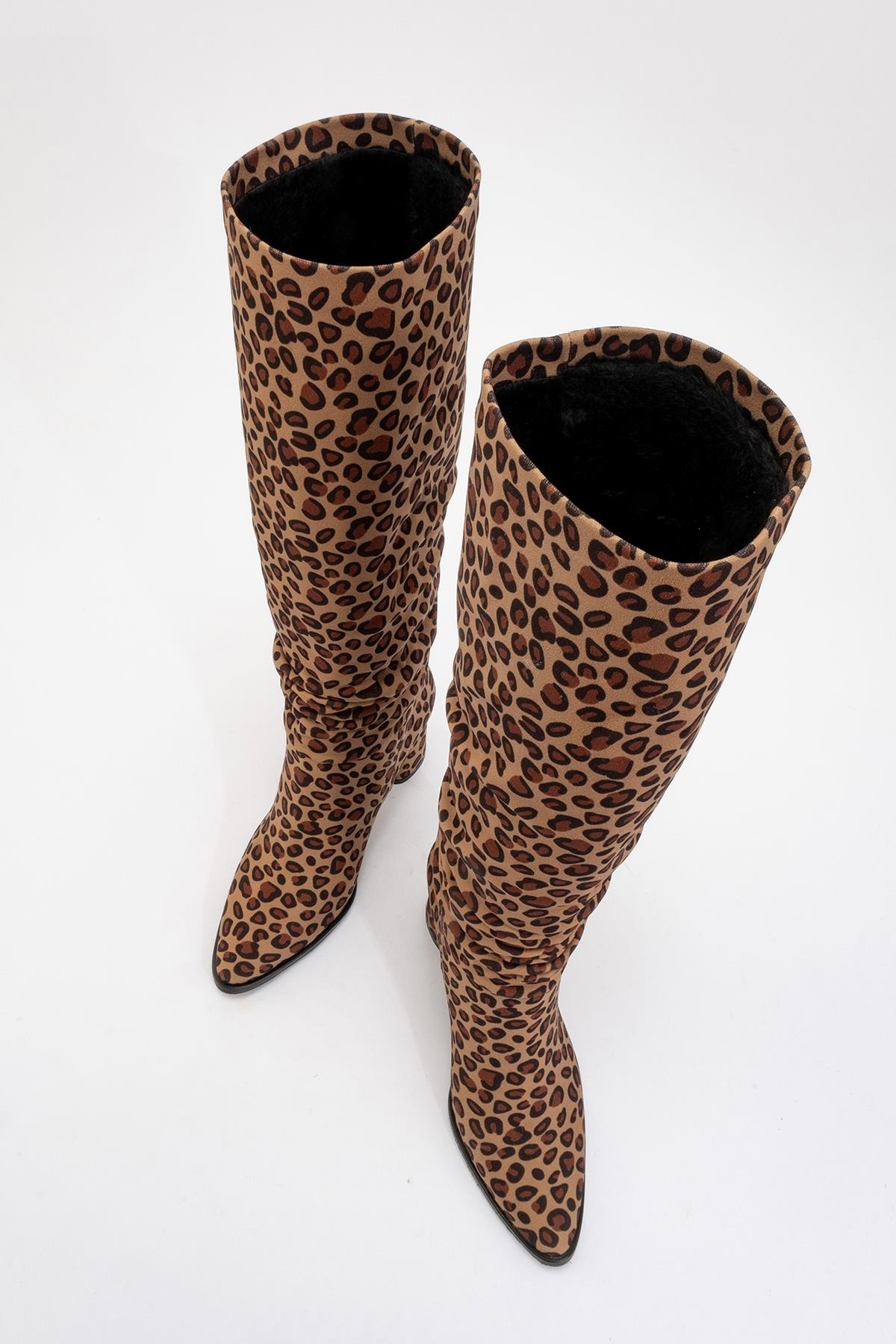 120 - Black Yellow Patterned Gusseted Knee-High Boot – side view showing leather, black, SimmiUnique