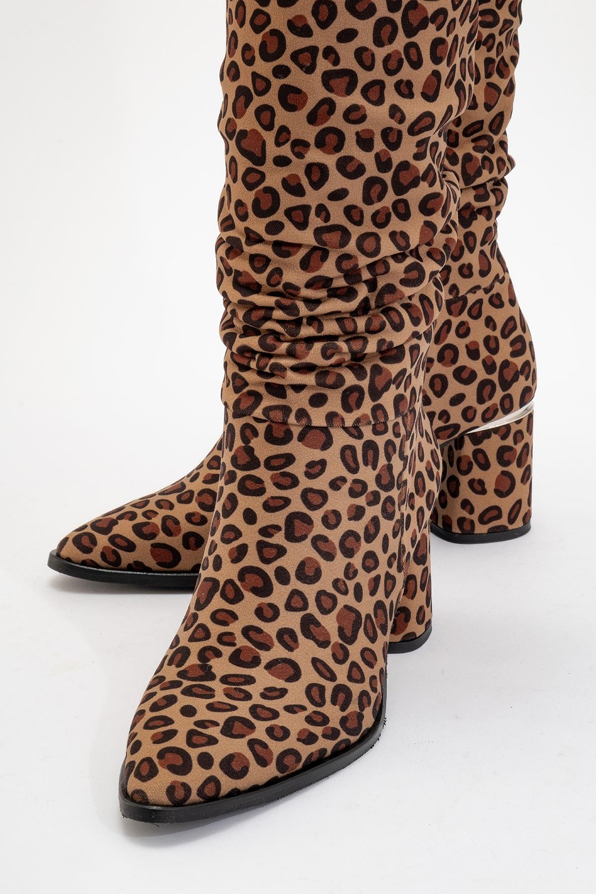 120 - Black Yellow Patterned Gusseted Knee-High Boot – detail view showing leather, black, SimmiUnique