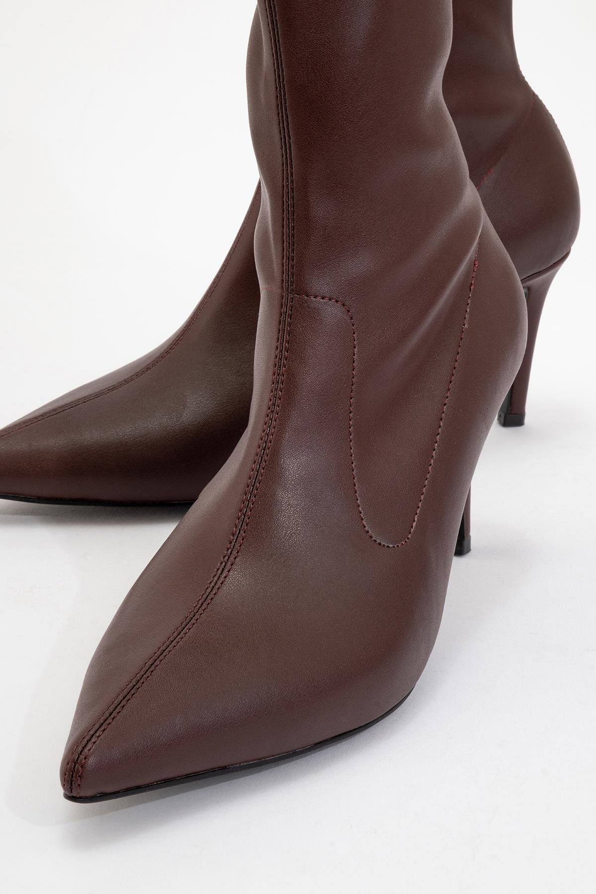 Thalin - Burgundy Pointed Toe Stiletto Boot – detail view showing leather, SimmiUnique