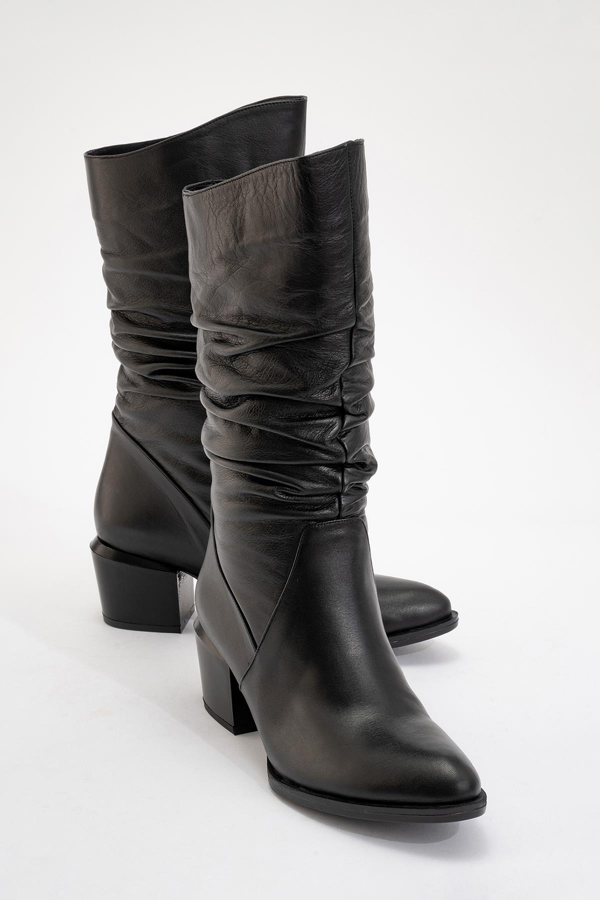 Soule - Black Genuine Leather Heeled Short Boot – front three-quarter view showing leather, black, SimmiUnique