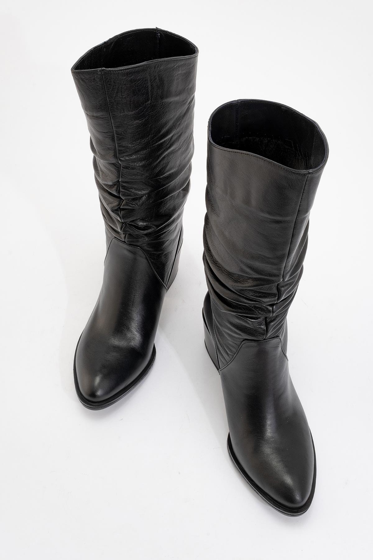 Soule - Black Genuine Leather Heeled Short Boot – side view showing leather, black, SimmiUnique