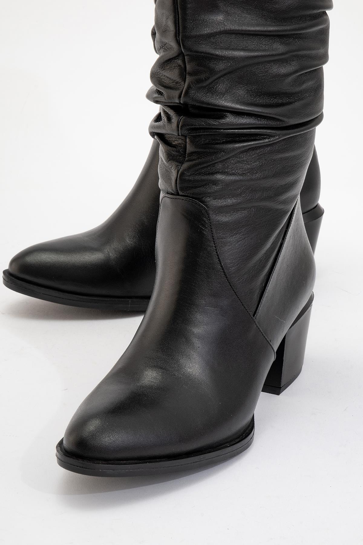 Soule - Black Genuine Leather Heeled Short Boot – detail view showing leather, black, SimmiUnique