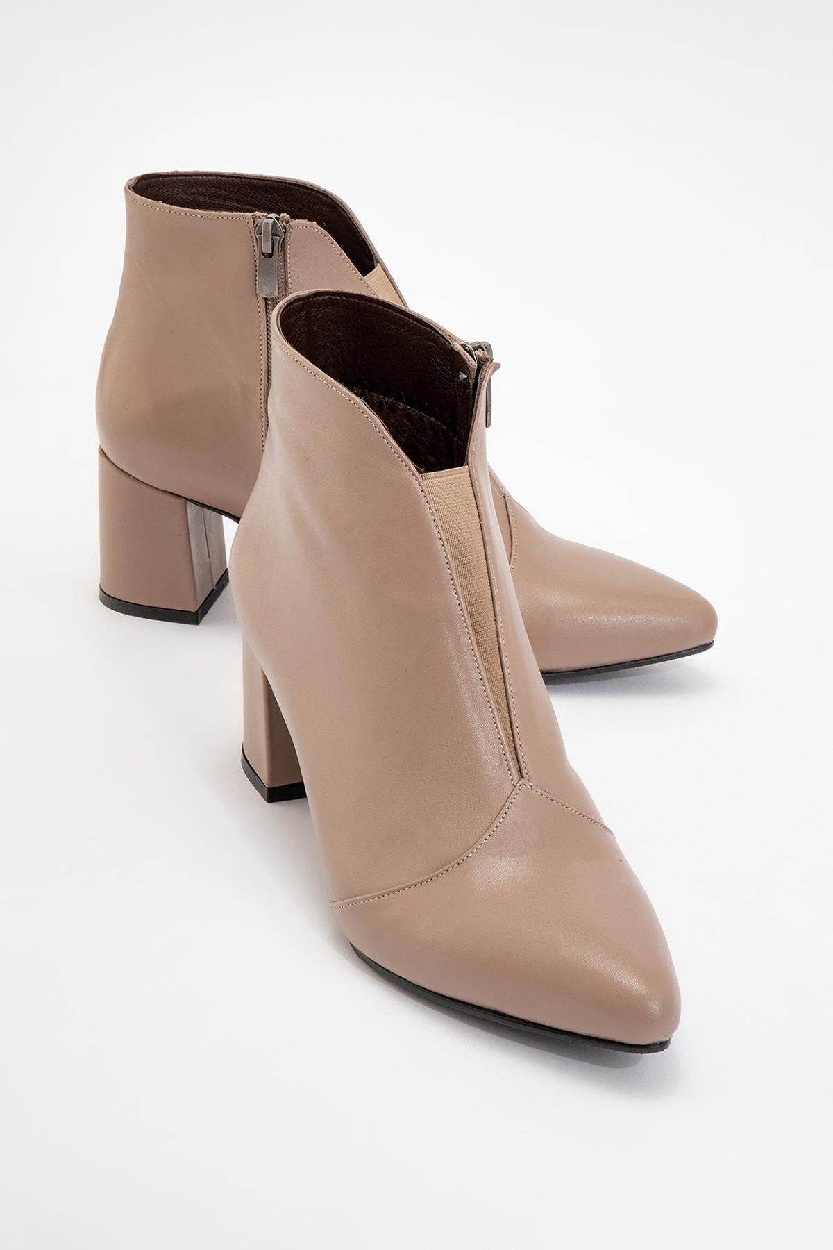 Finda Dark Beige Leather Block‑Heel Boot – front three-quarter view showing leather, SimmiUnique