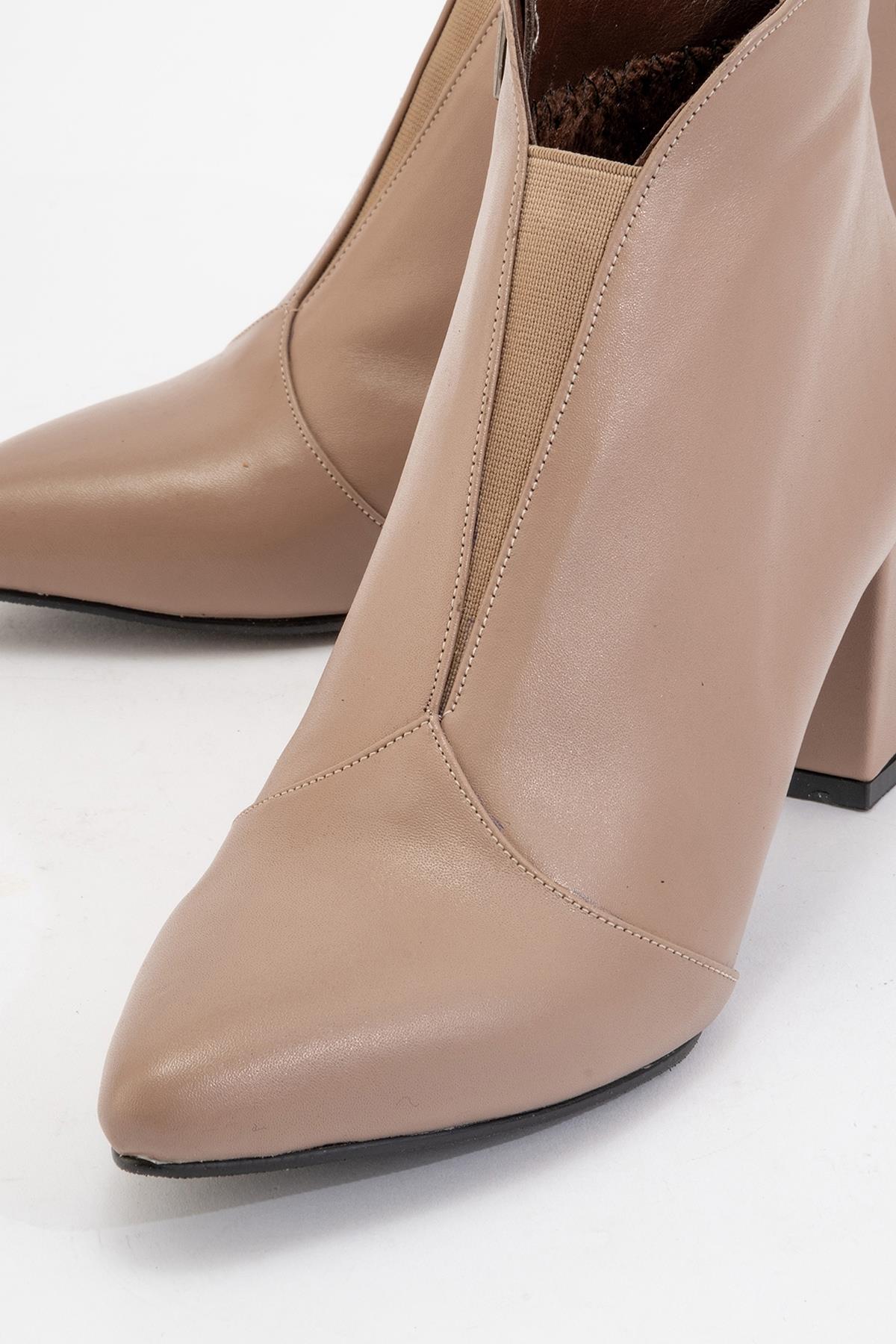 Finda Dark Beige Leather Block‑Heel Boot – detail view showing leather, SimmiUnique
