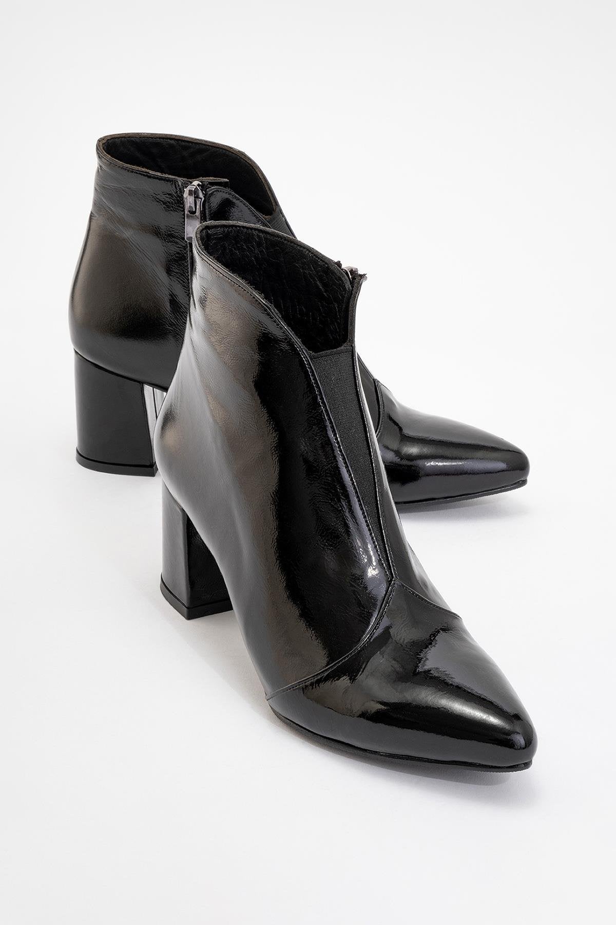 Finda Black Patent Leather Block‑Heel Boot – front three-quarter view showing leather, black, SimmiUnique