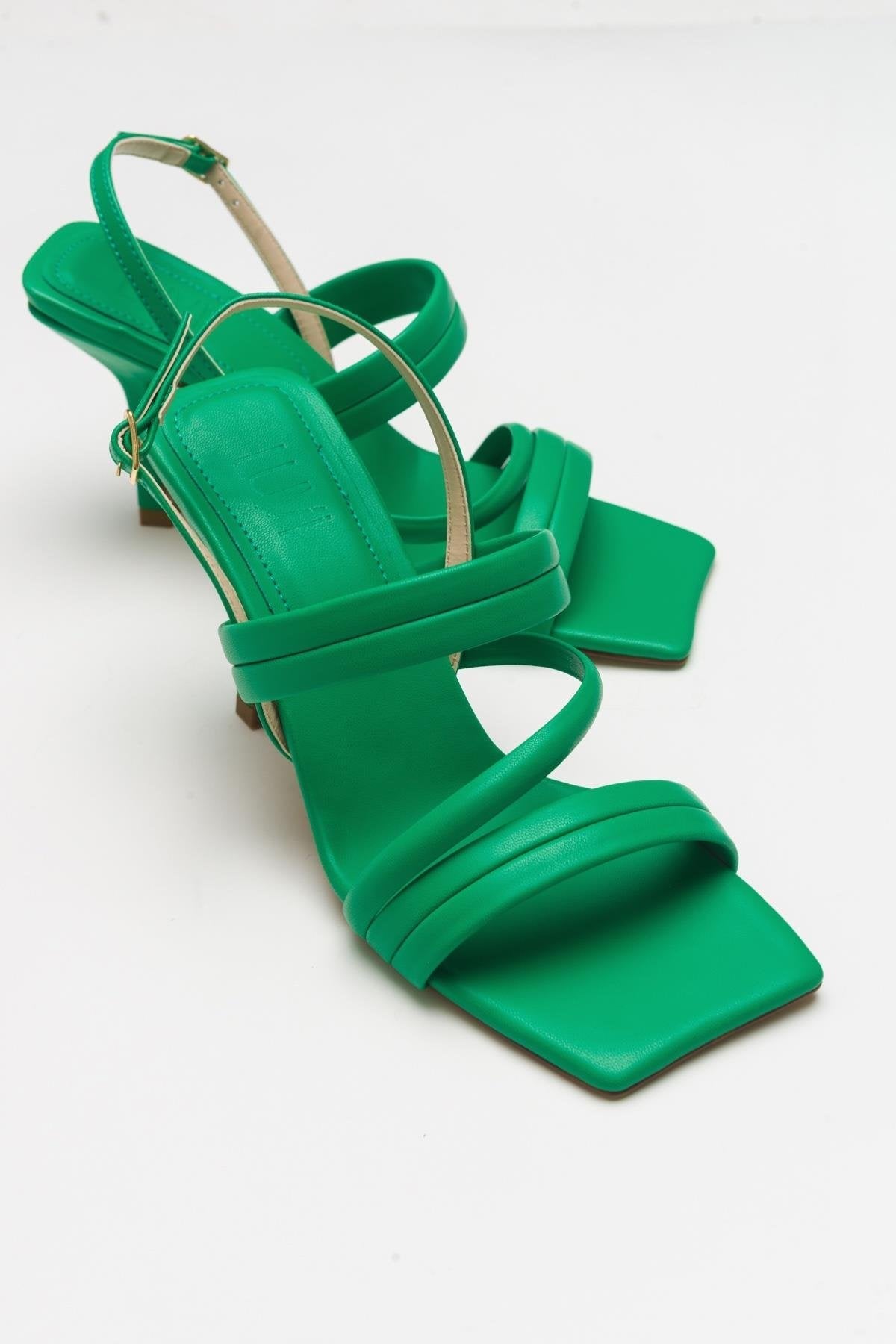 Heel - Green Heeled Sandal – front three-quarter view showing leather, green, SimmiUnique