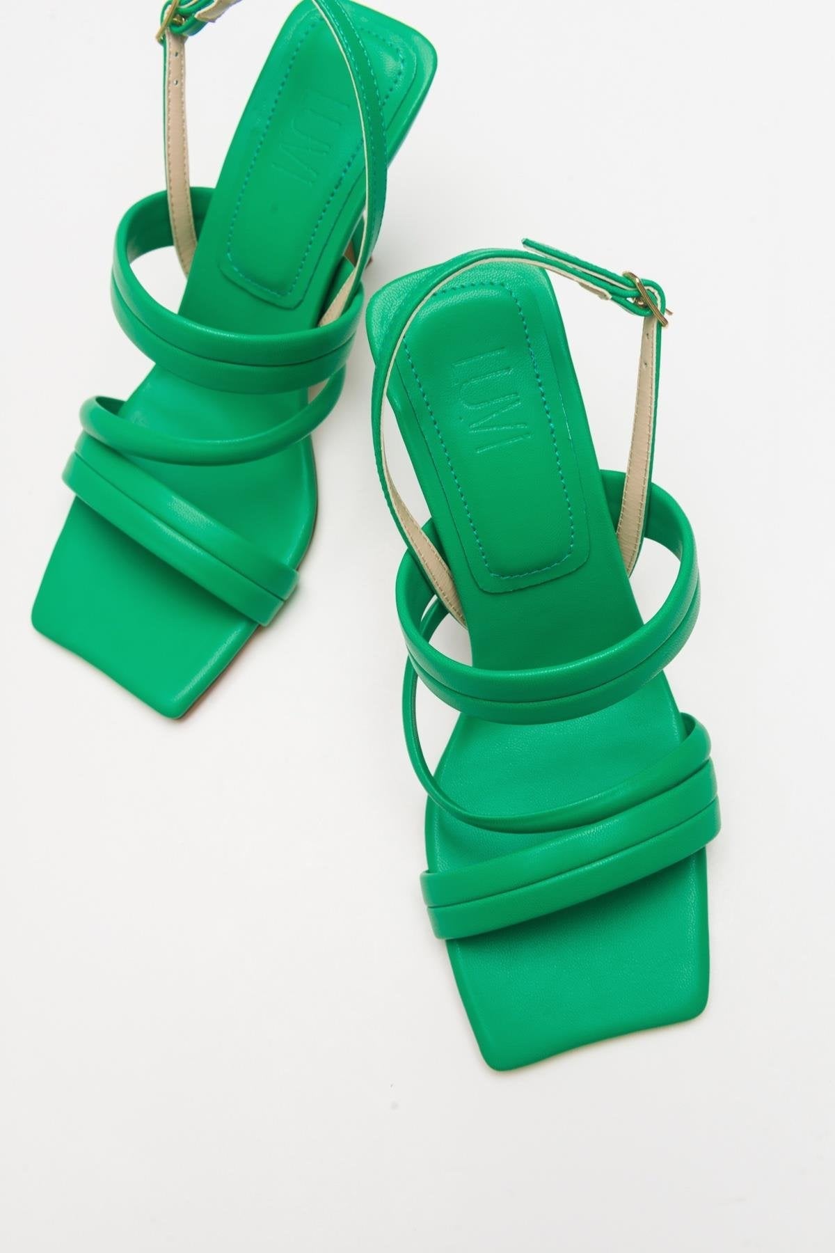 Heel - Green Heeled Sandal – side view showing leather, green, SimmiUnique