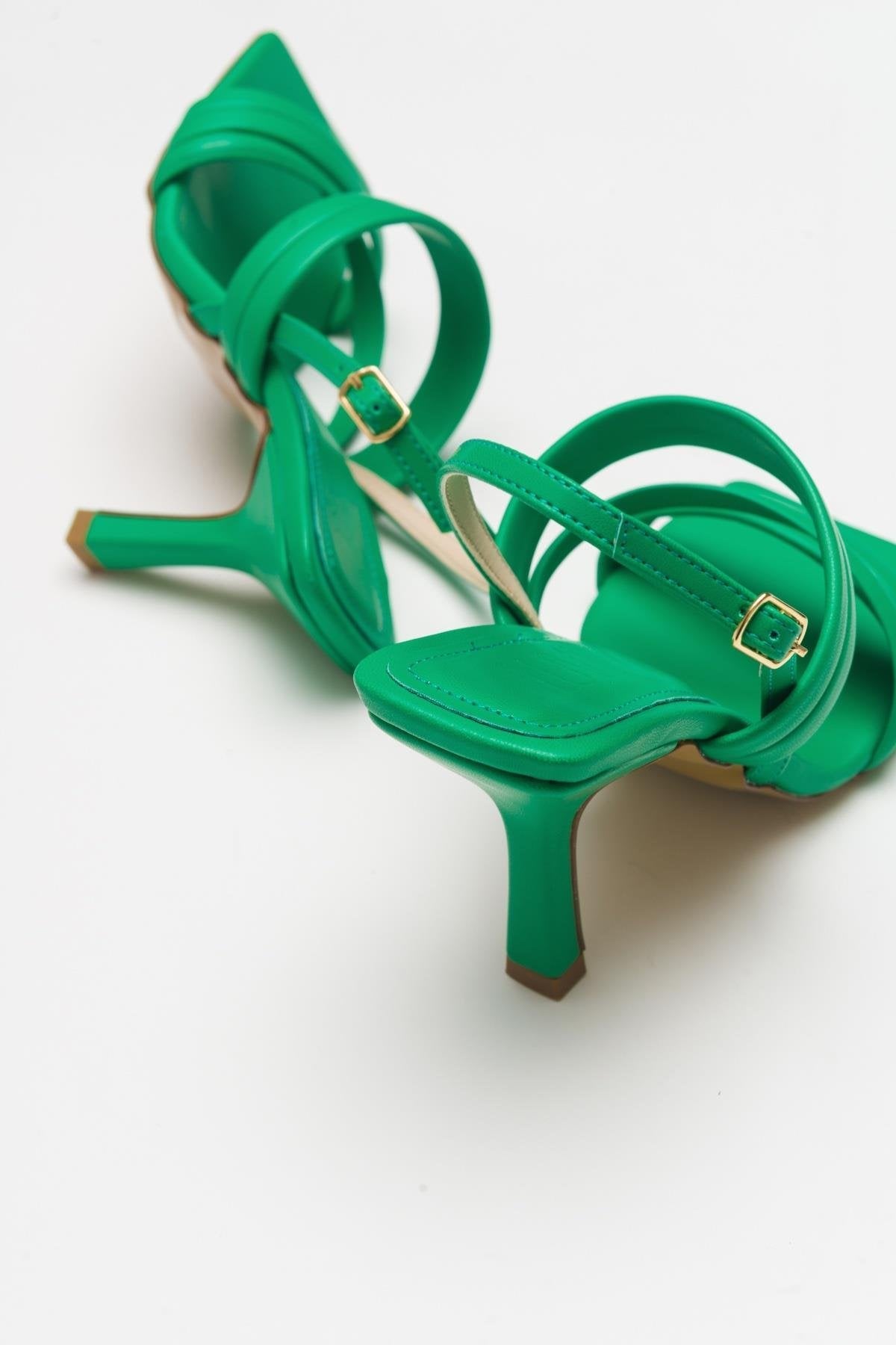 Heel - Green Heeled Sandal – back view showing leather, green, SimmiUnique