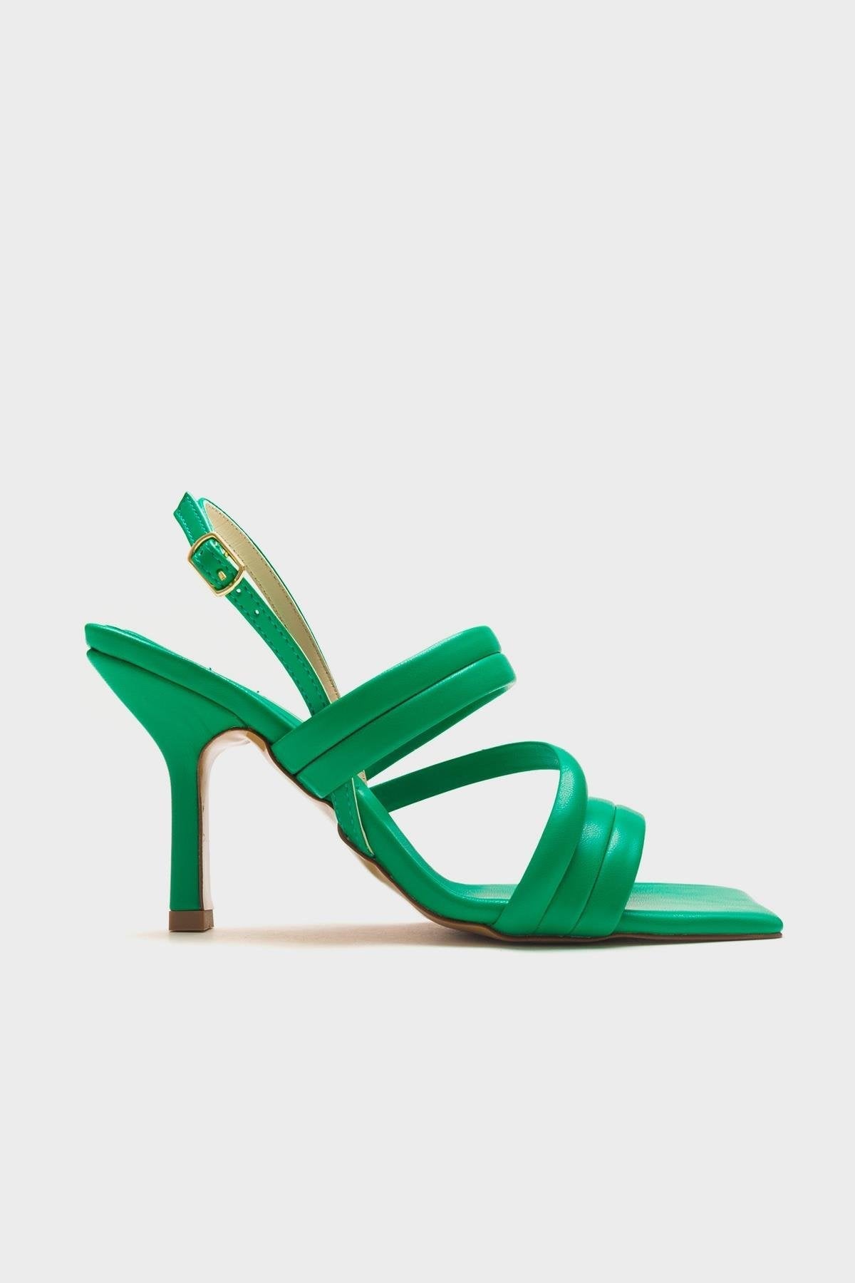 Heel - Green Heeled Sandal – top view showing leather, green, SimmiUnique