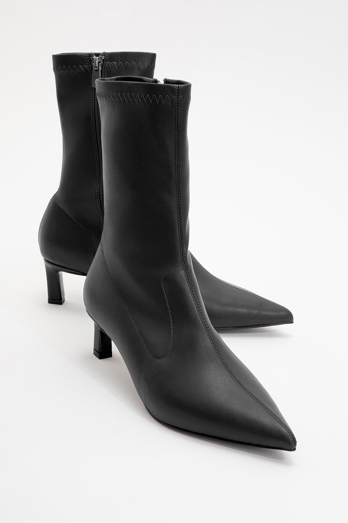 Lewin Black Pointed Toe Stiletto Boot – front three-quarter view showing leather, black, red, SimmiUnique